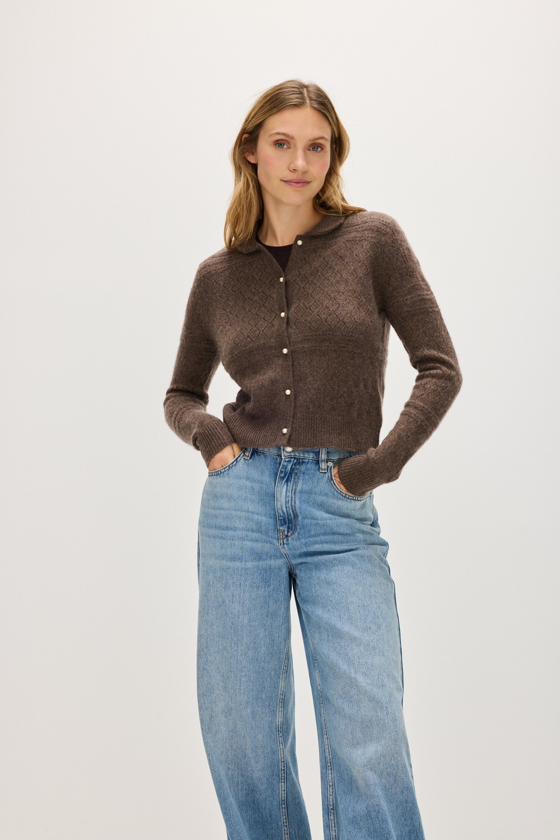 Davida Lace Knitted Collar Cardigan Long Sleeve Sweaters Cacao