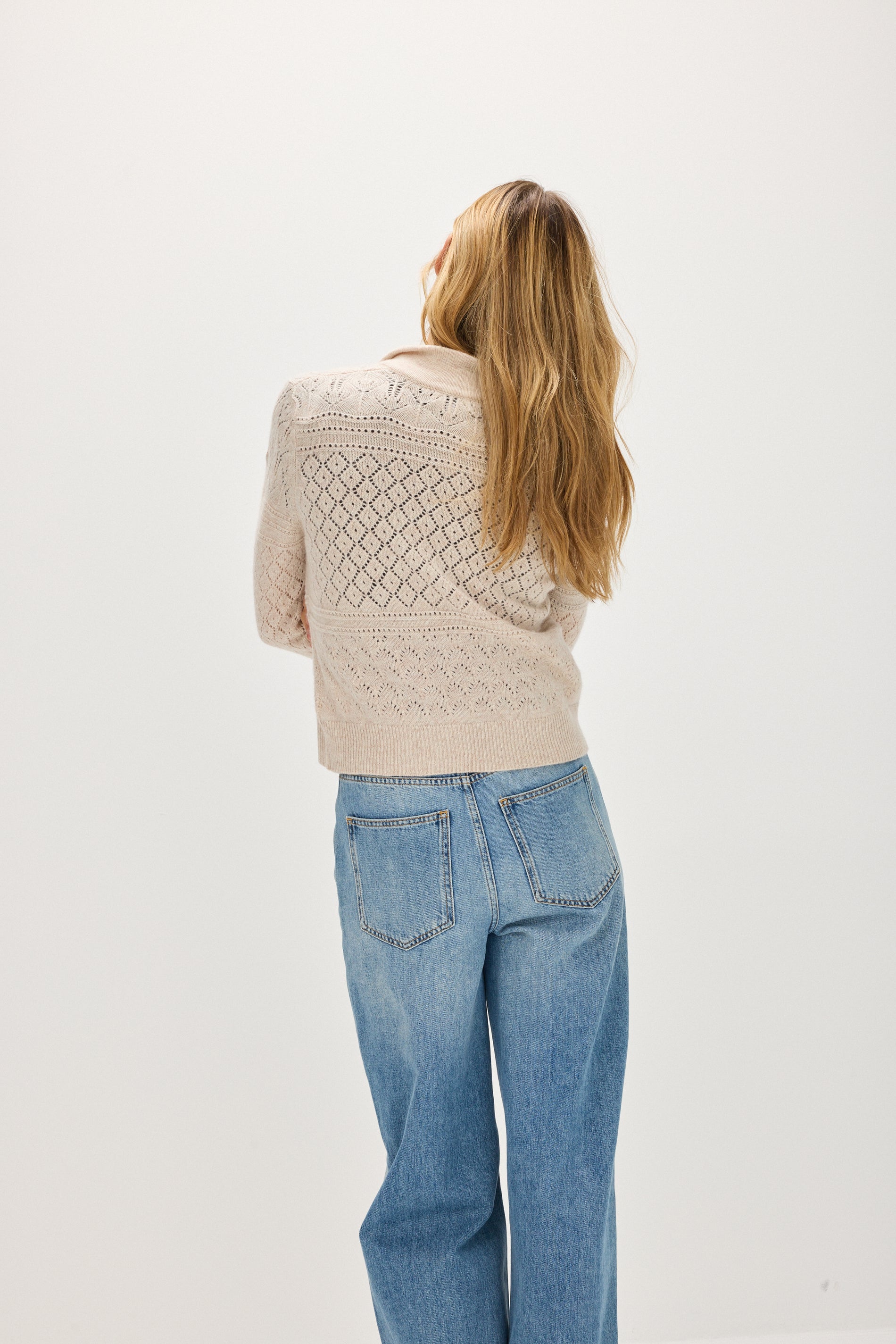 Davida Lace Knitted Collar Cardigan Long Sleeve Sweaters Light Beige