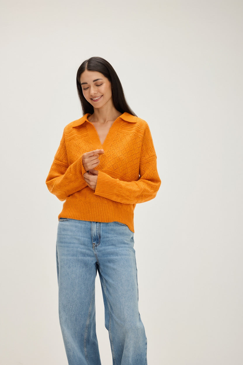 Davida Lace Knitted Open Collar Sweater Sweaters Intense Orange