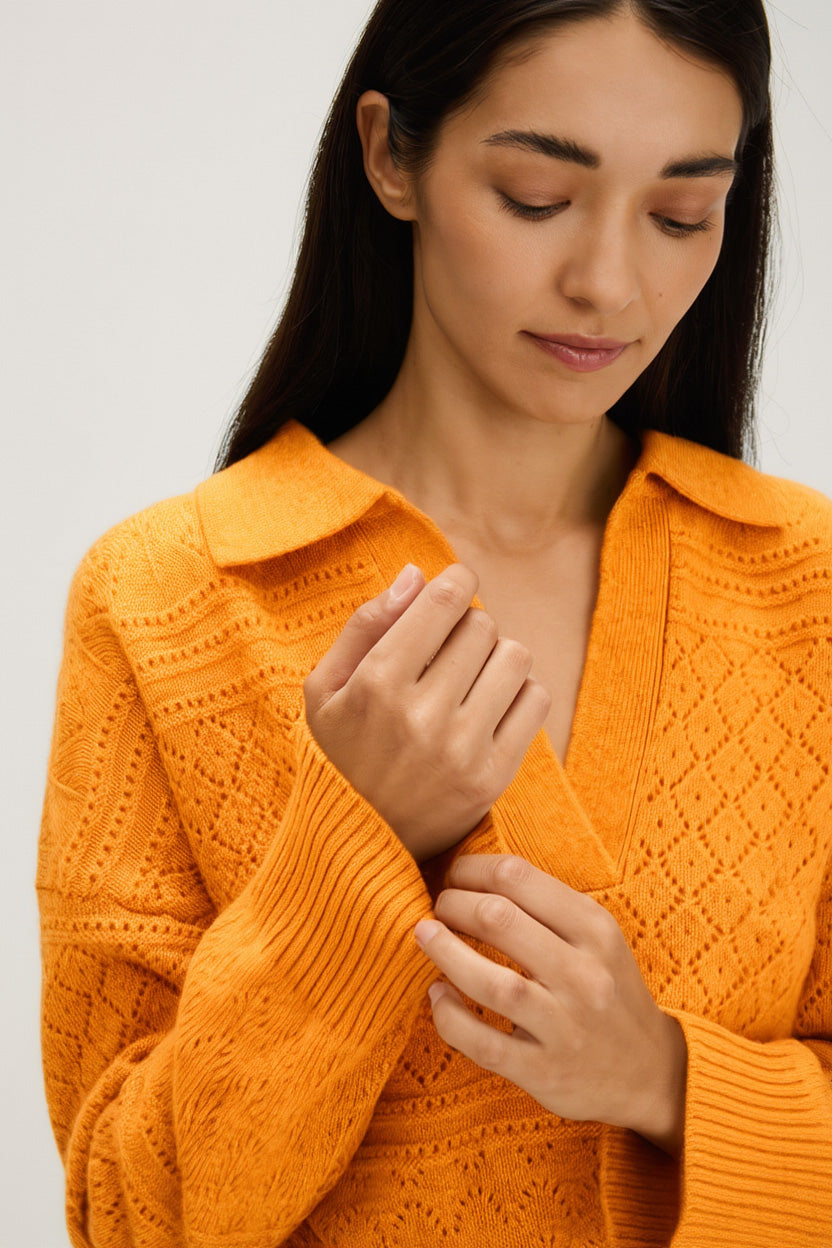 Davida Lace Knitted Open Collar Sweater Sweaters Intense Orange