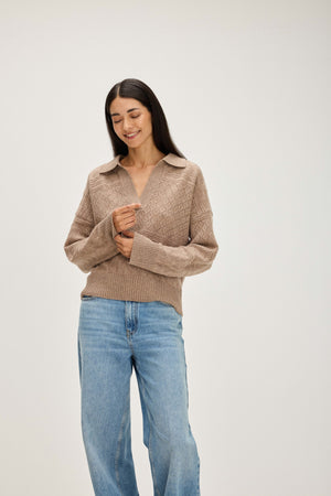 Lace Knitted Open Collar Sweater - Mink