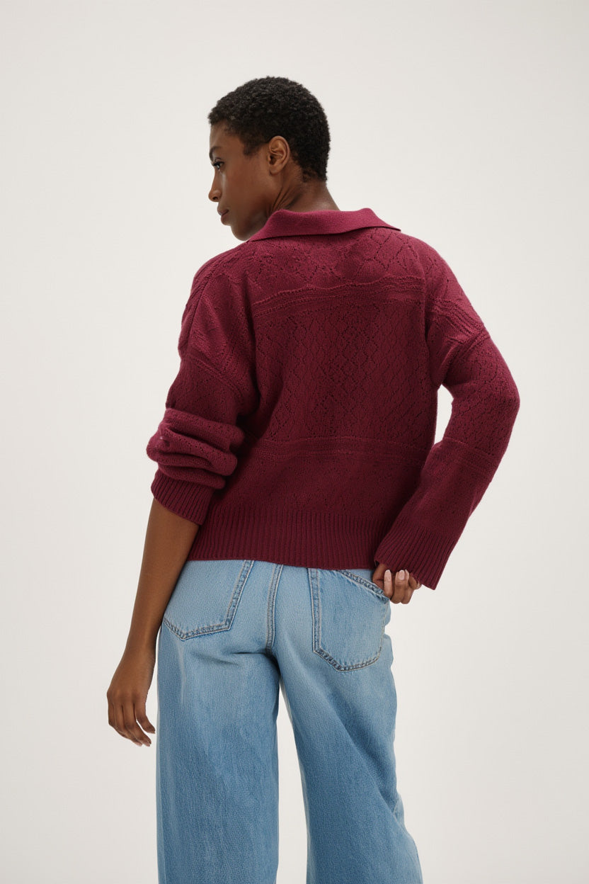 Davida Lace Knitted Open Collar Sweater Sweaters Mulberry Red