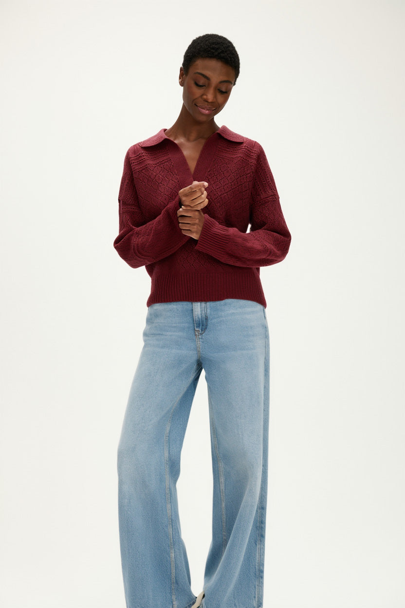 Davida Lace Knitted Open Collar Sweater Sweaters Mulberry Red