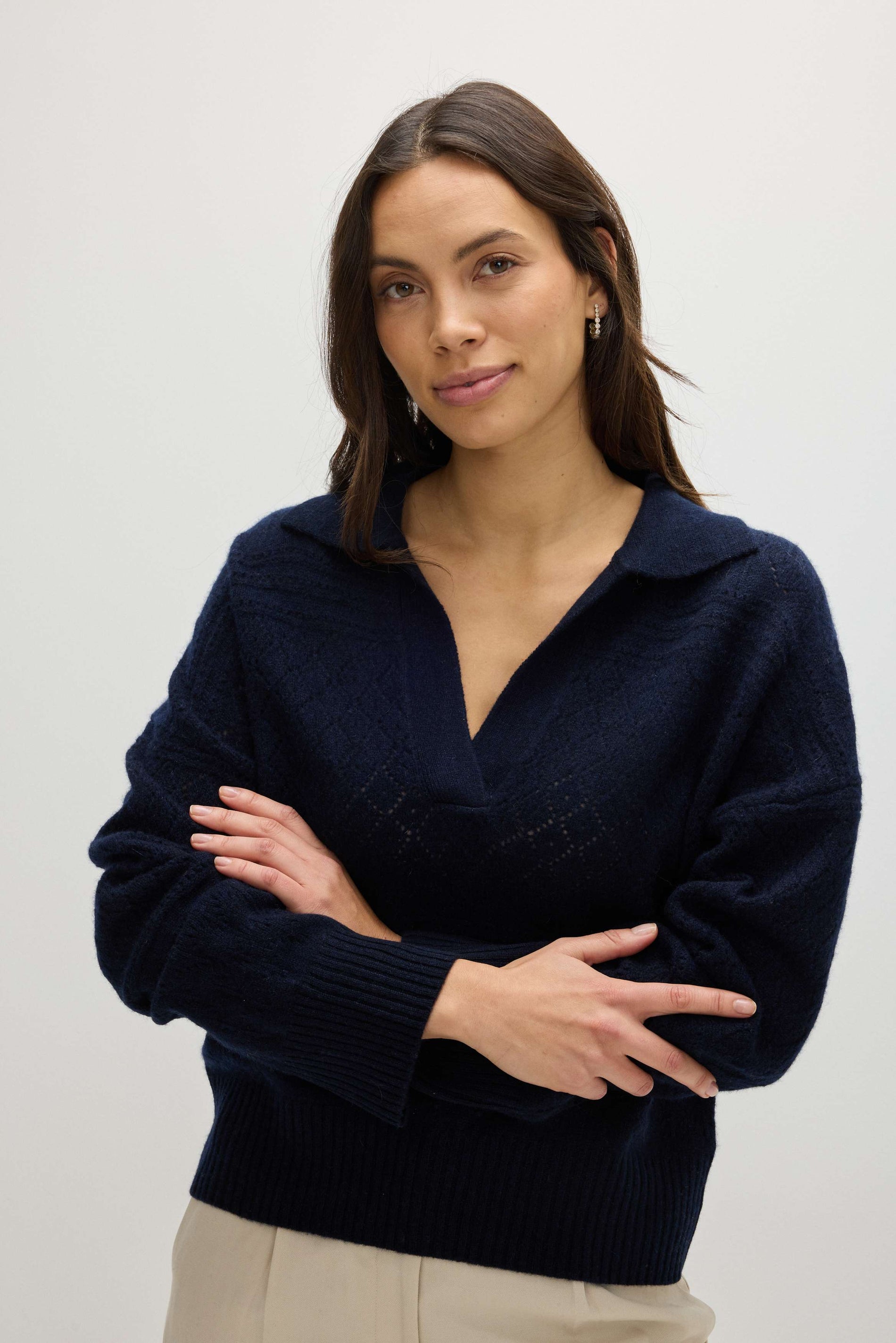 Davida Lace Knitted Open Collar Sweater Sweaters Navy