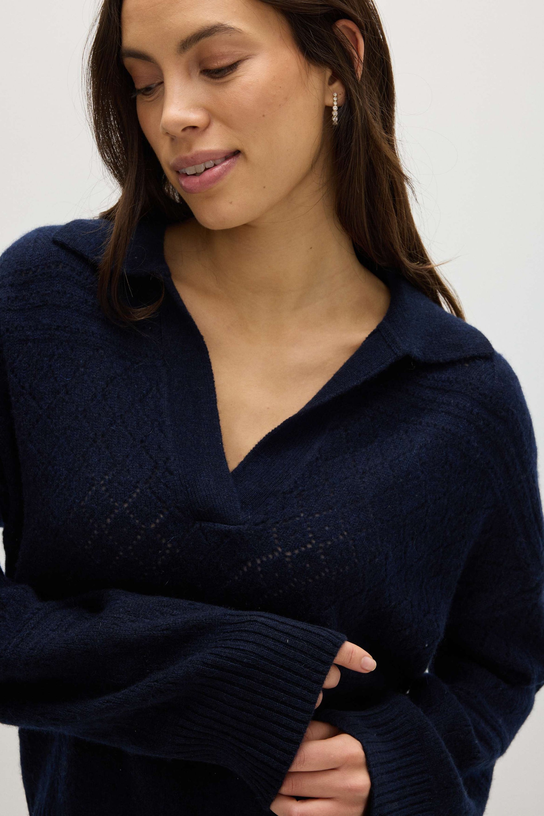 Davida Lace Knitted Open Collar Sweater Sweaters Navy