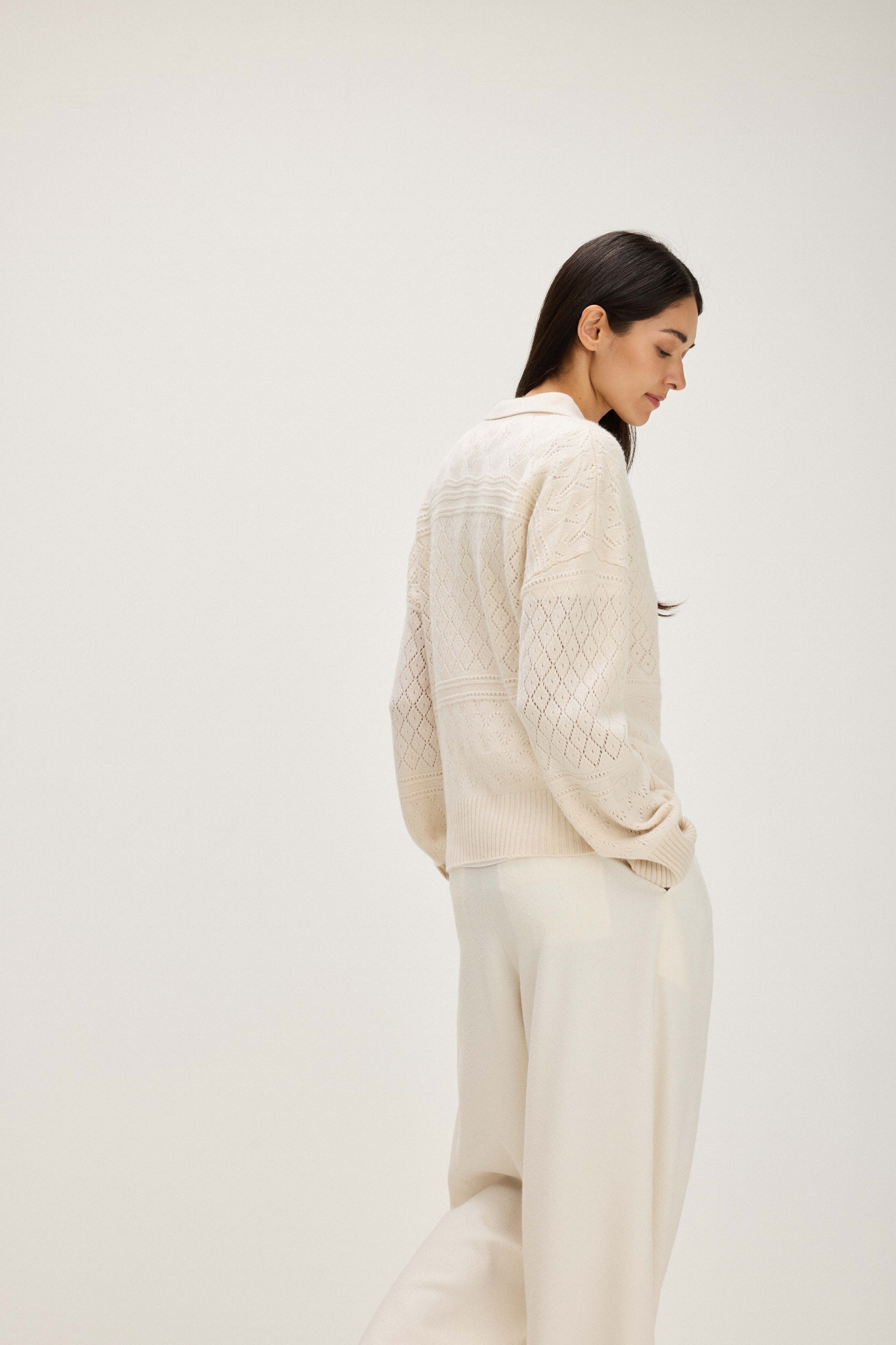 Davida Lace Knitted Open Collar Sweater Sweaters White