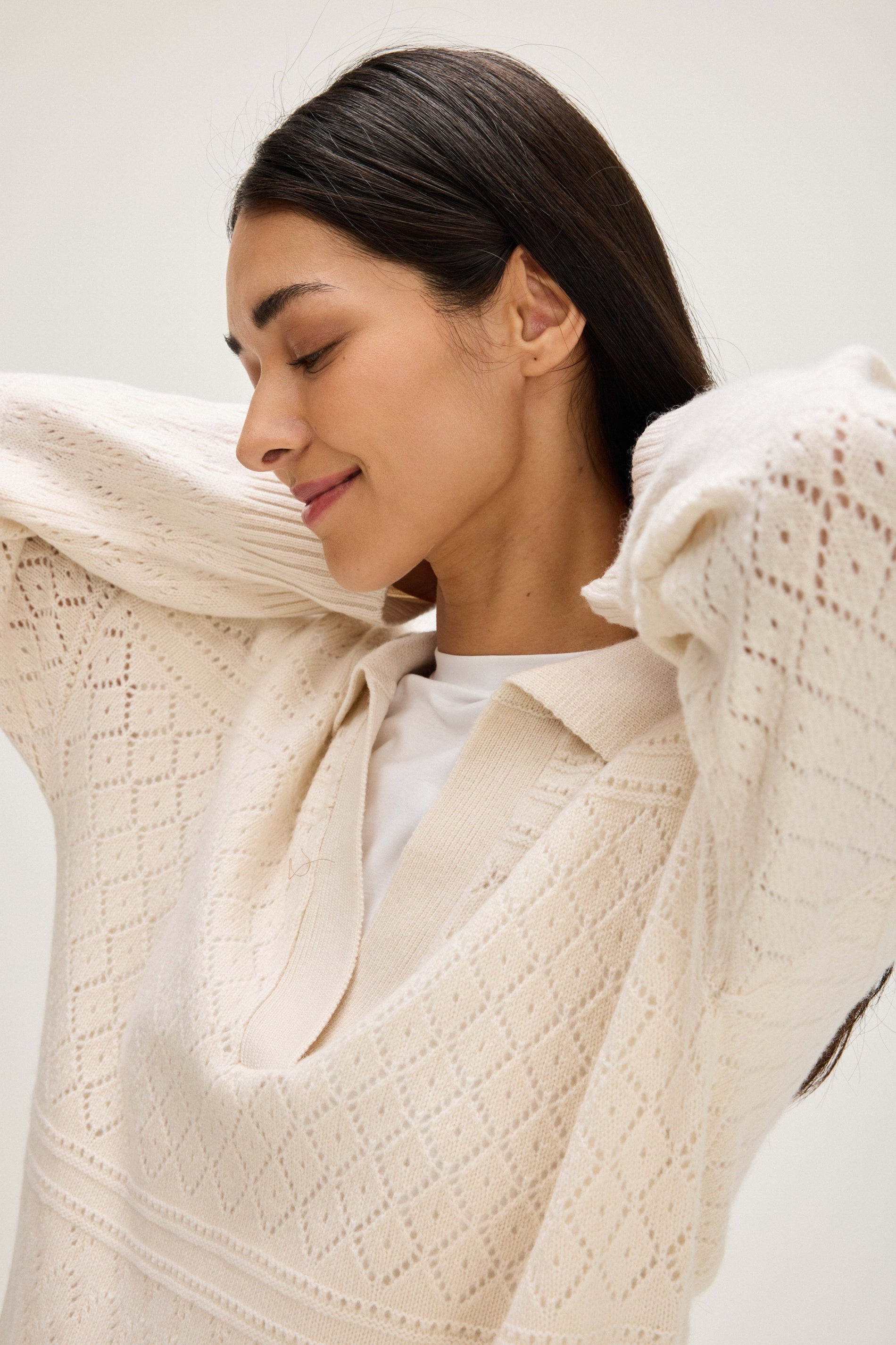 Davida Lace Knitted Open Collar Sweater Sweaters White