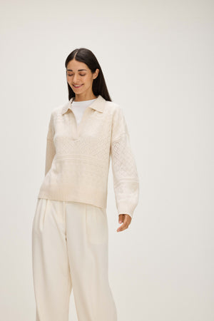 Lace Knitted Open Collar Sweater - White