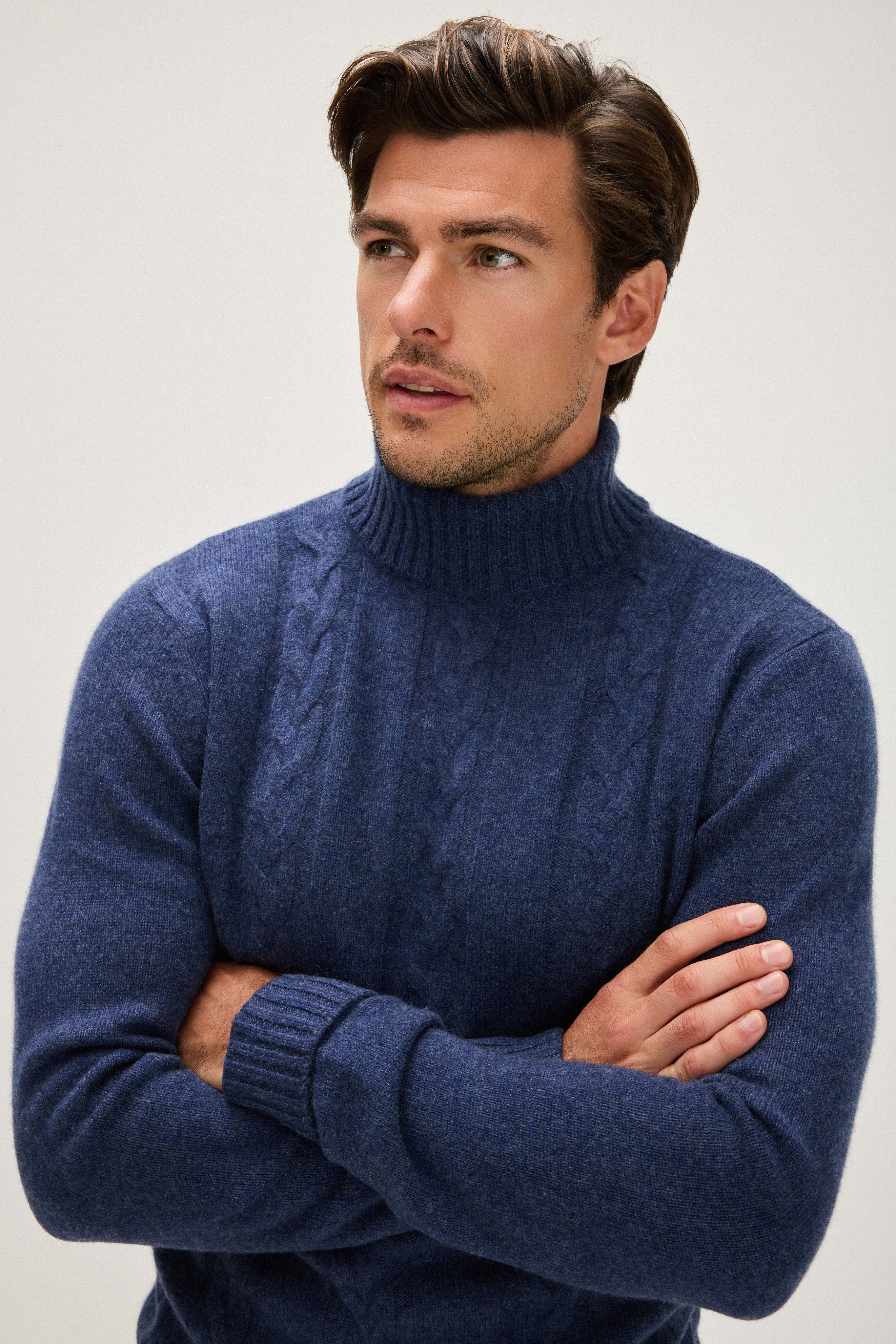 Man Cable Turtleneck - Sweaters - Denim Blue – Davida Cashmere