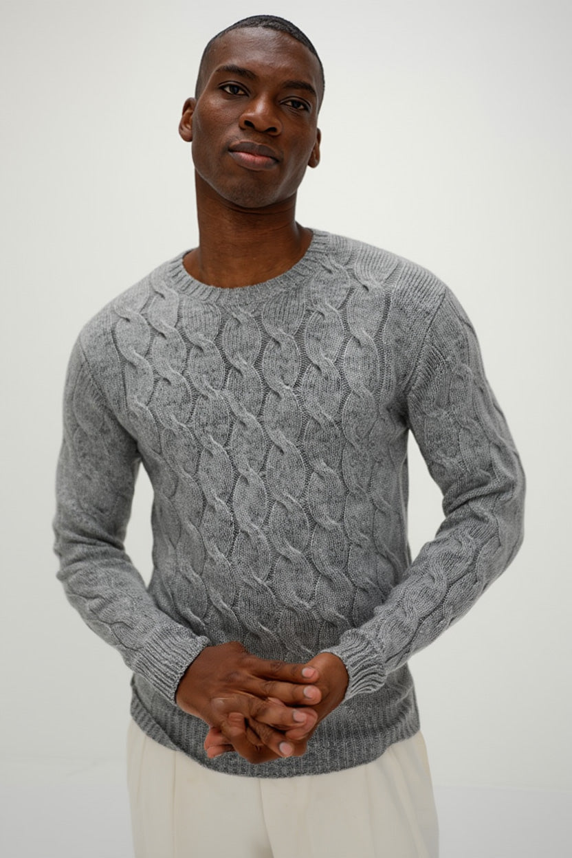 Davida Man Chunky O-neck Cable Sweaters Light Grey