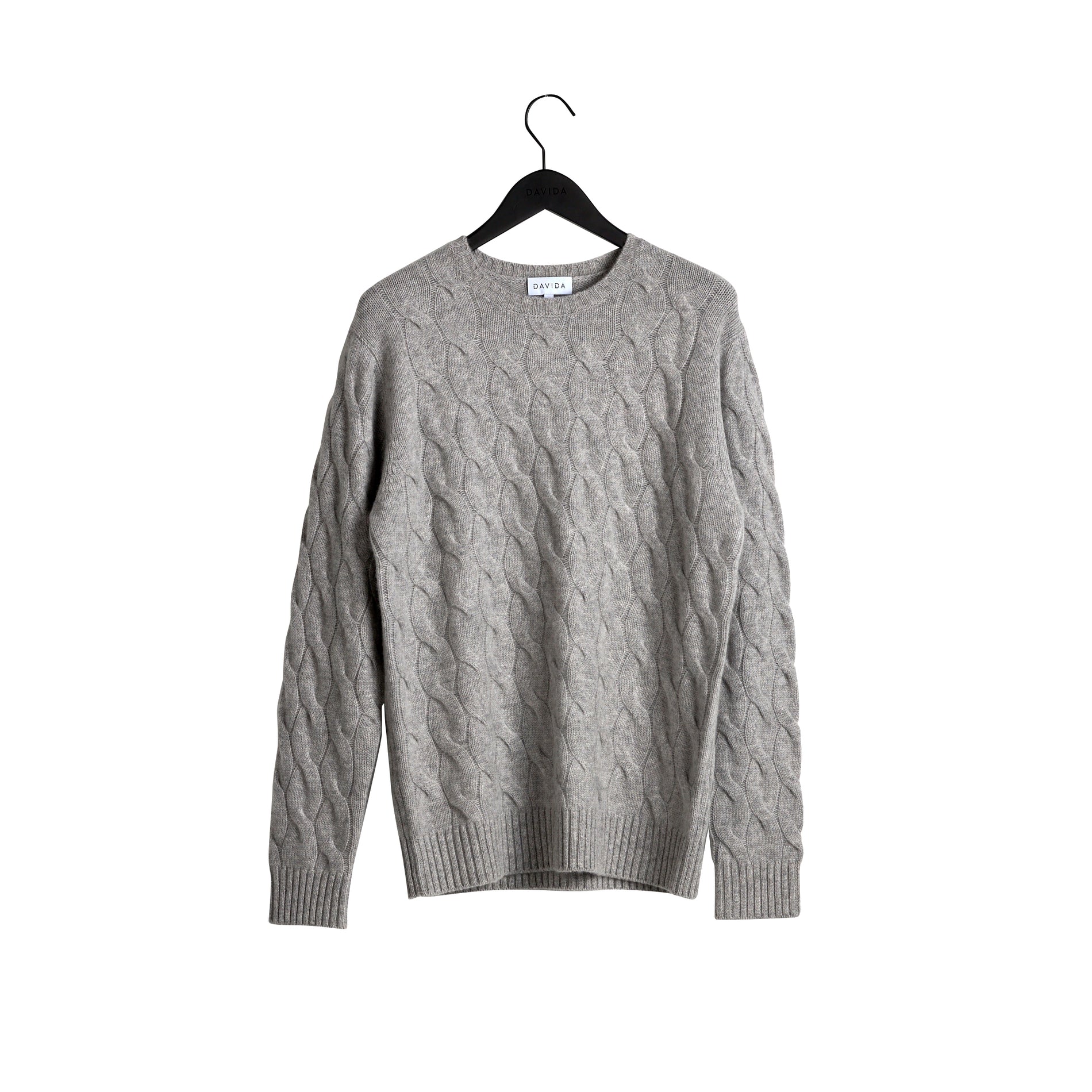 Davida Man Chunky O-neck Cable Sweaters Light Grey