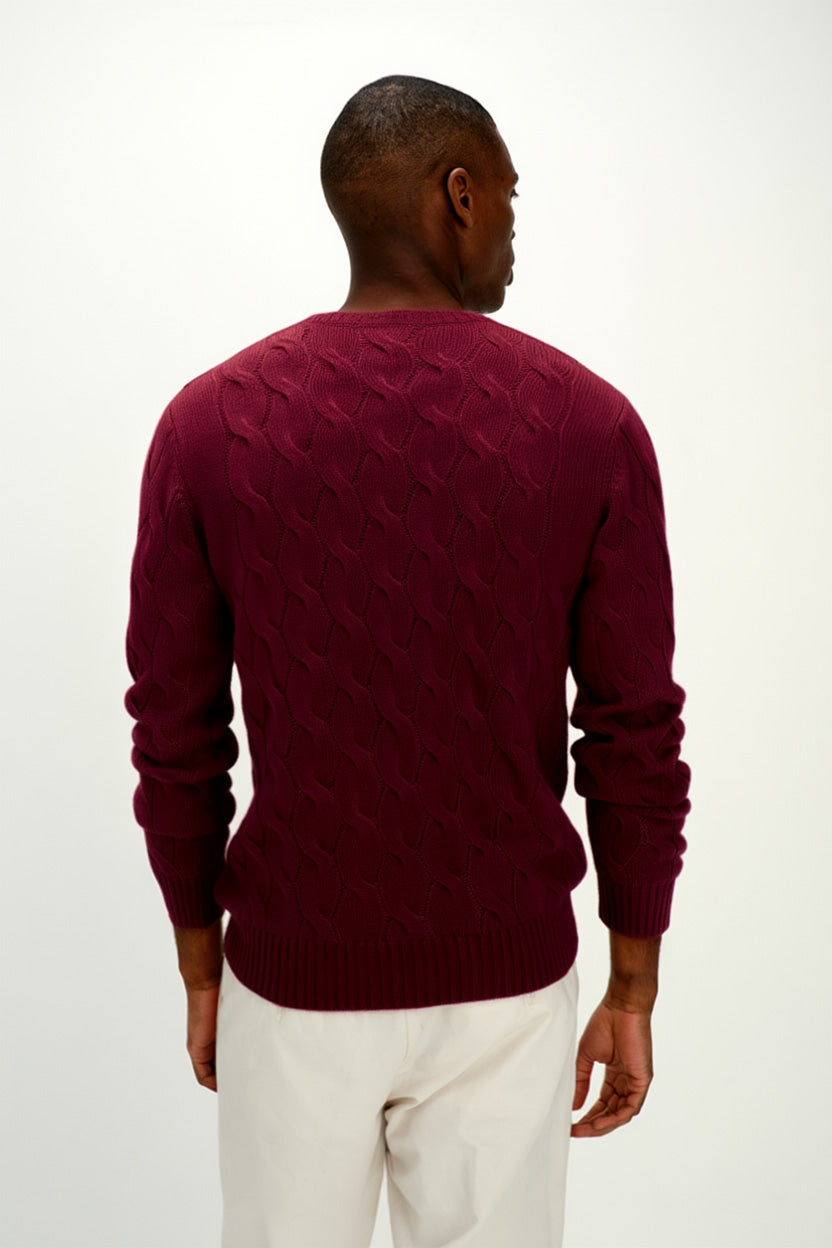 Davida Man Chunky O-neck Cable Sweaters Mulberry Red