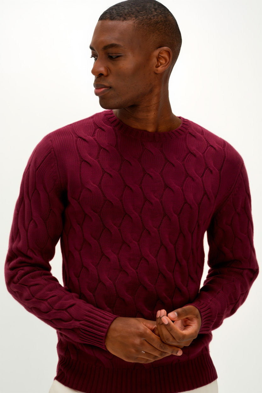 Davida Man Chunky O-neck Cable Sweaters Mulberry Red