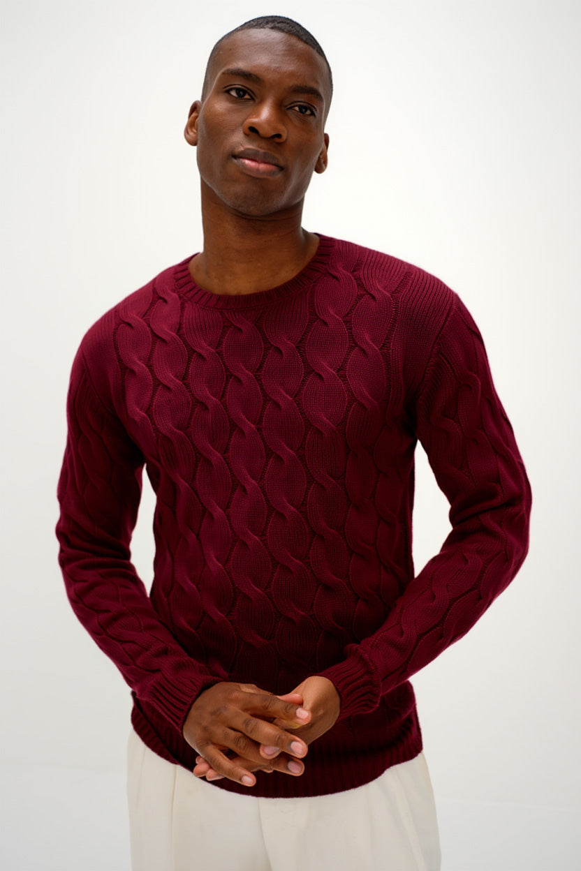 Davida Man Chunky O-neck Cable Sweaters Mulberry Red
