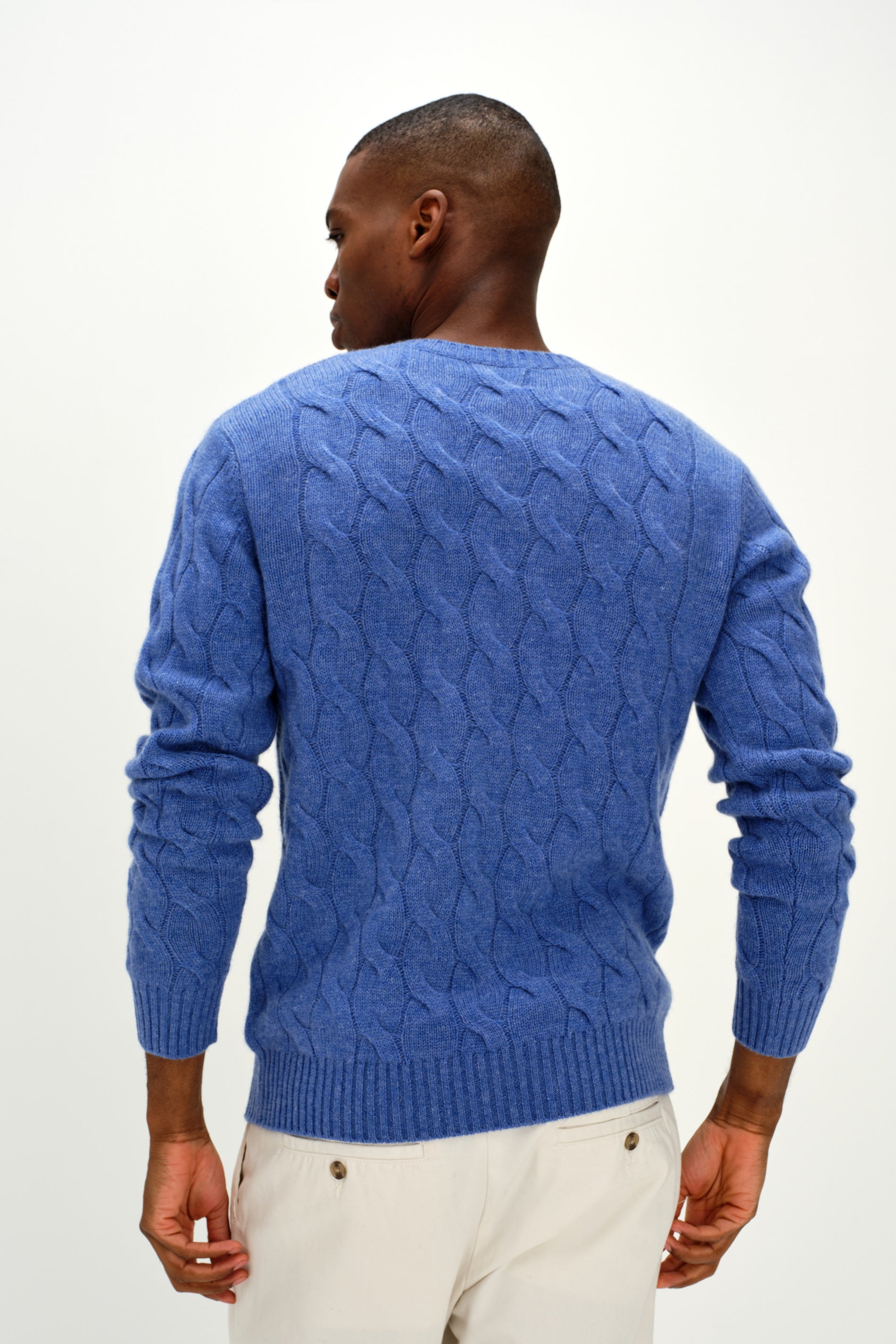 Davida Man Chunky O-neck Cable Sweaters Ocean Blue