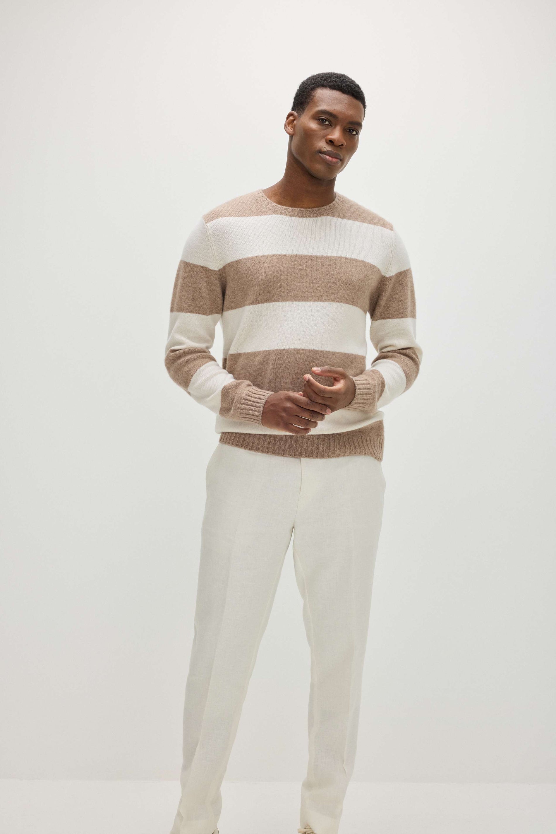 Davida Man Chunky O-neck striped Sweaters Mink/White