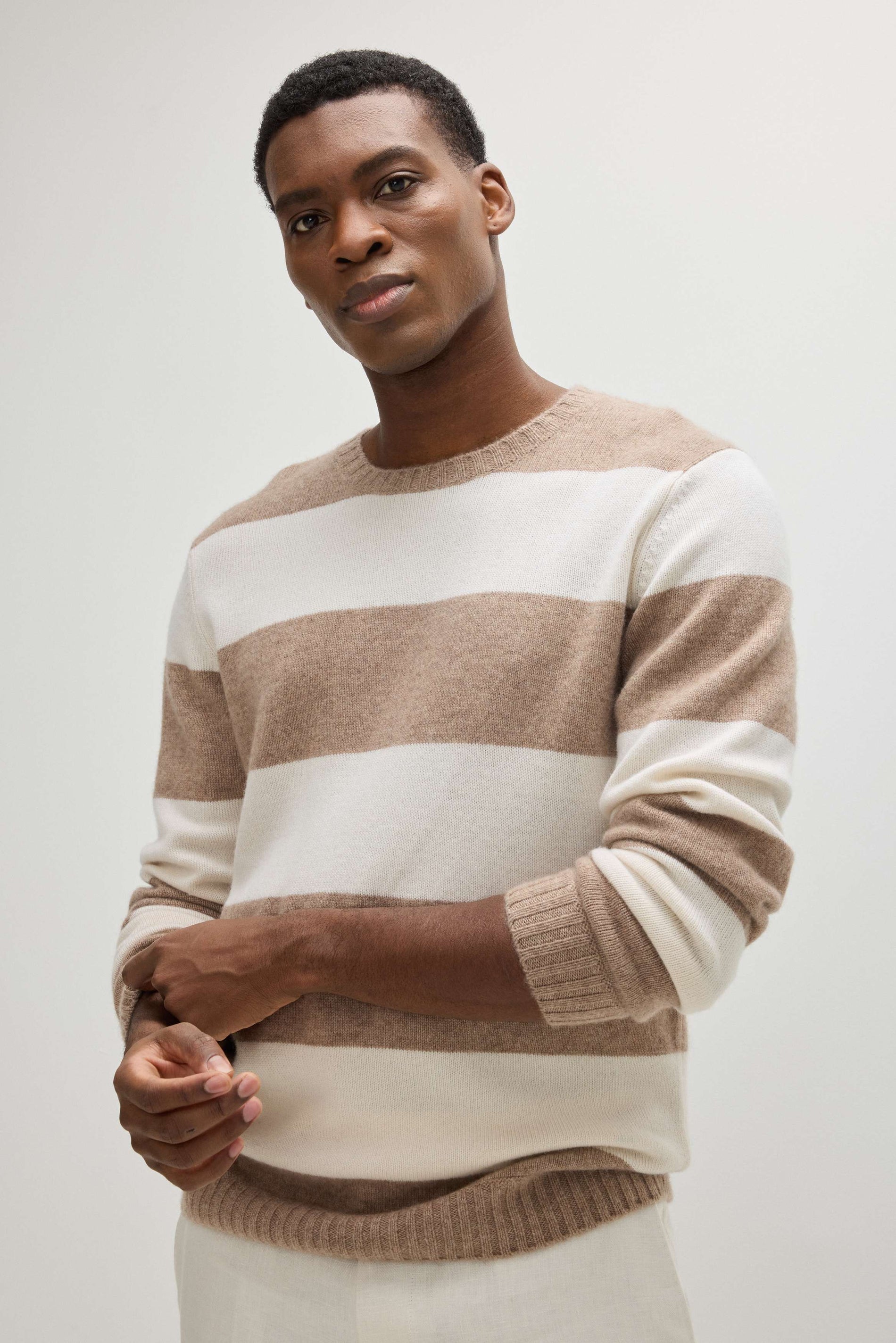 Davida Man Chunky O-neck striped Sweaters Mink/White