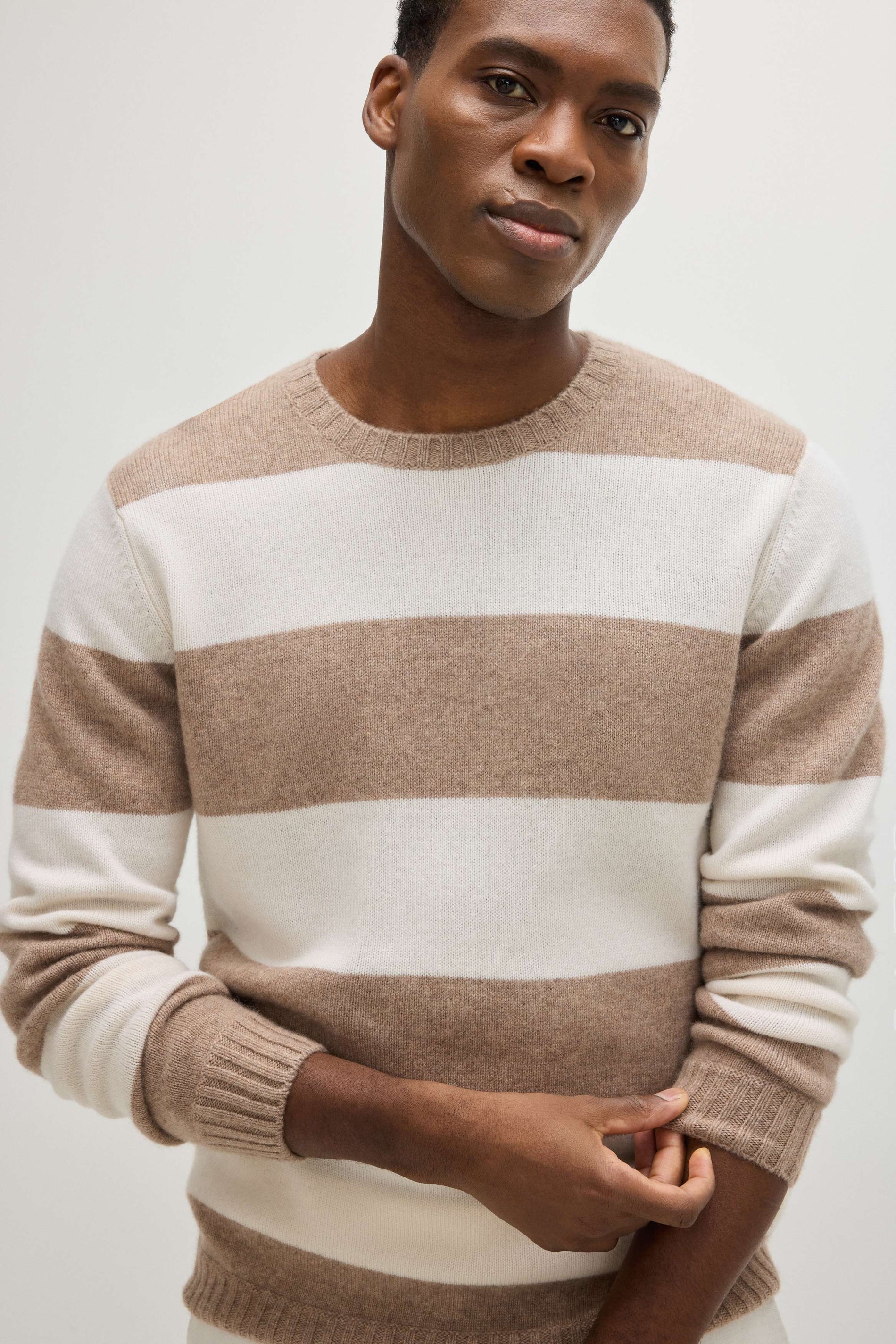 Davida Man Chunky O-neck striped Sweaters Mink/White