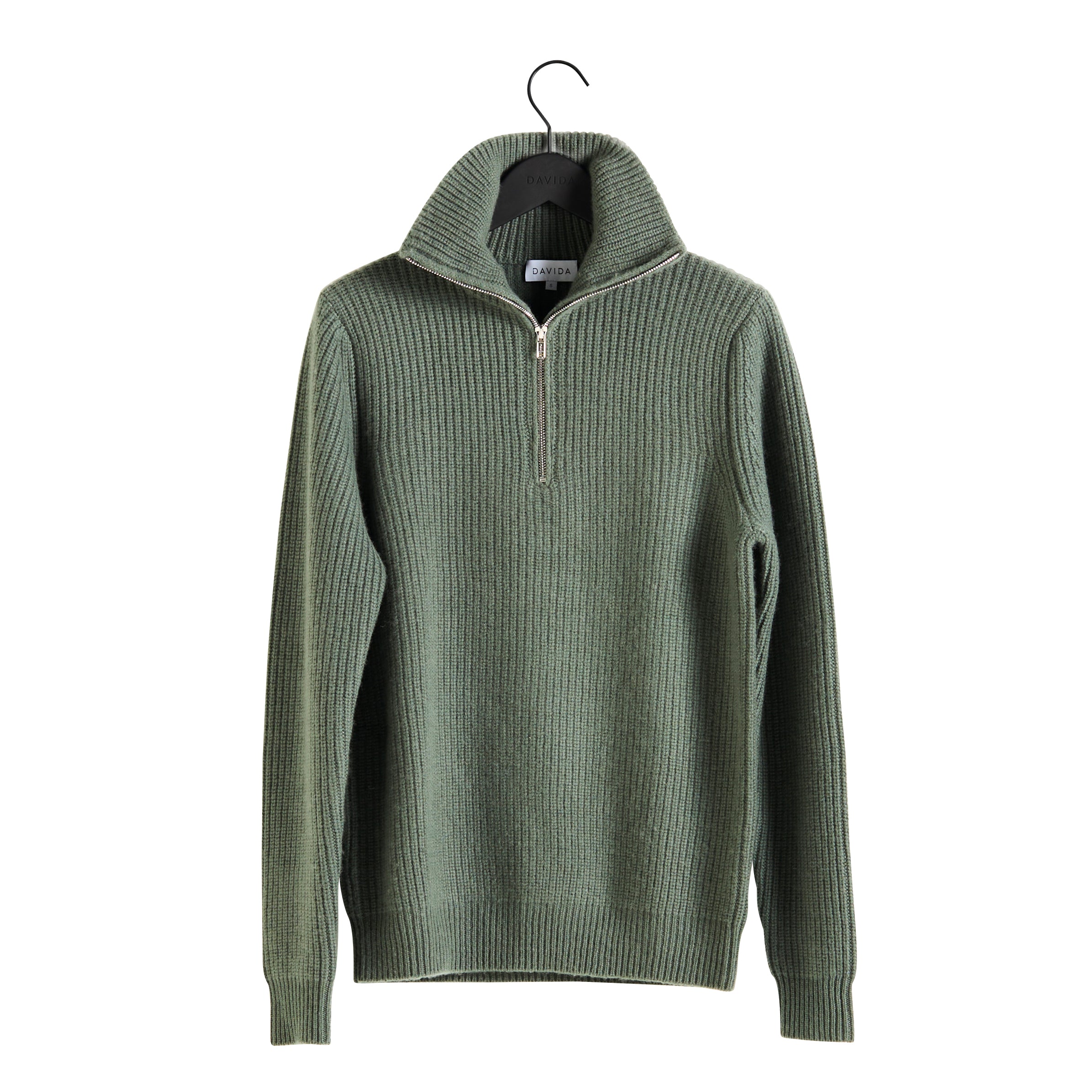 Man Chunky Rib Half Zip - Sweaters - Army Green – Davida Cashmere