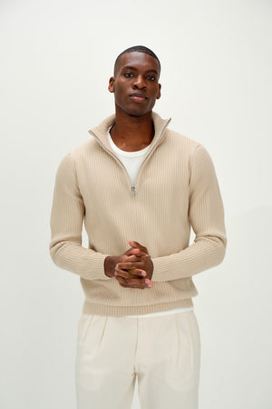 Man Chunky Rib Half Zip - Light Beige