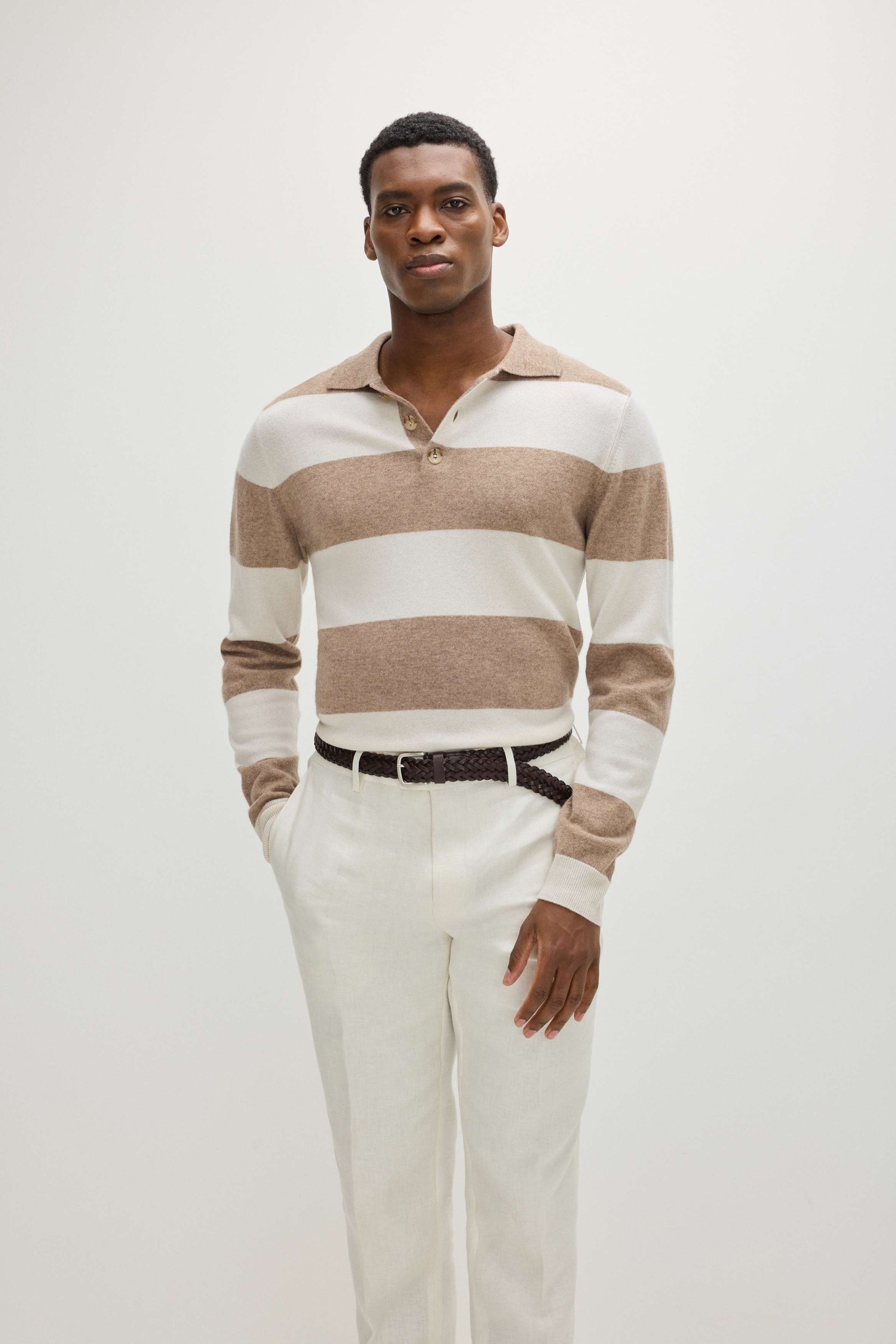 Davida Man Collar Striped Sweaters Mink/White