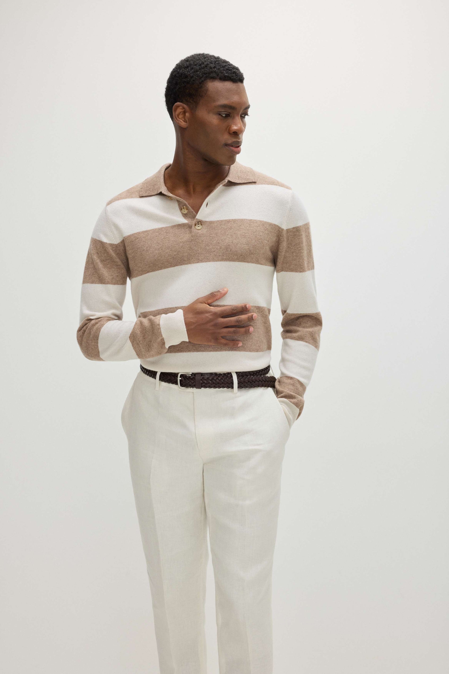 Davida Man Collar Striped Sweaters Mink/White