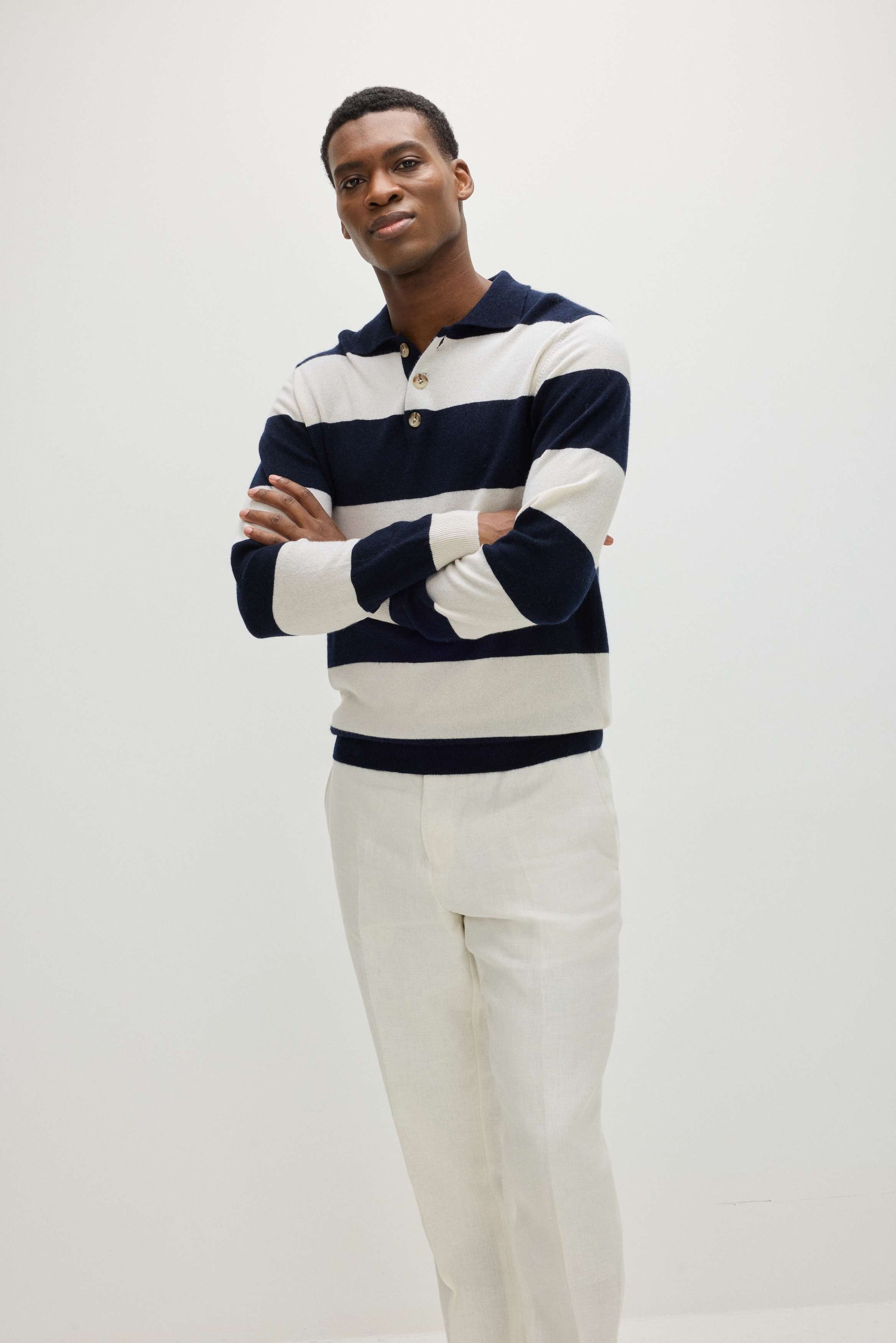 Davida Man Collar Striped Sweaters Navy/White