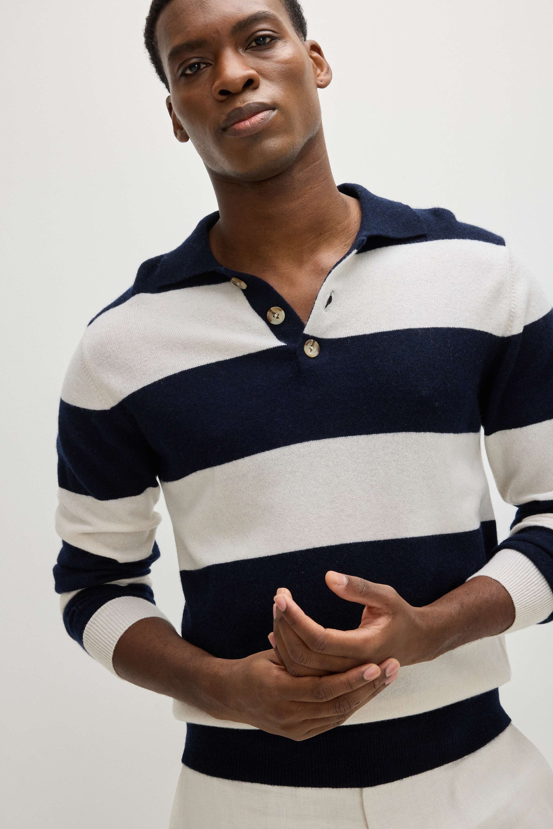 Davida Man Collar Striped Sweaters Navy/White