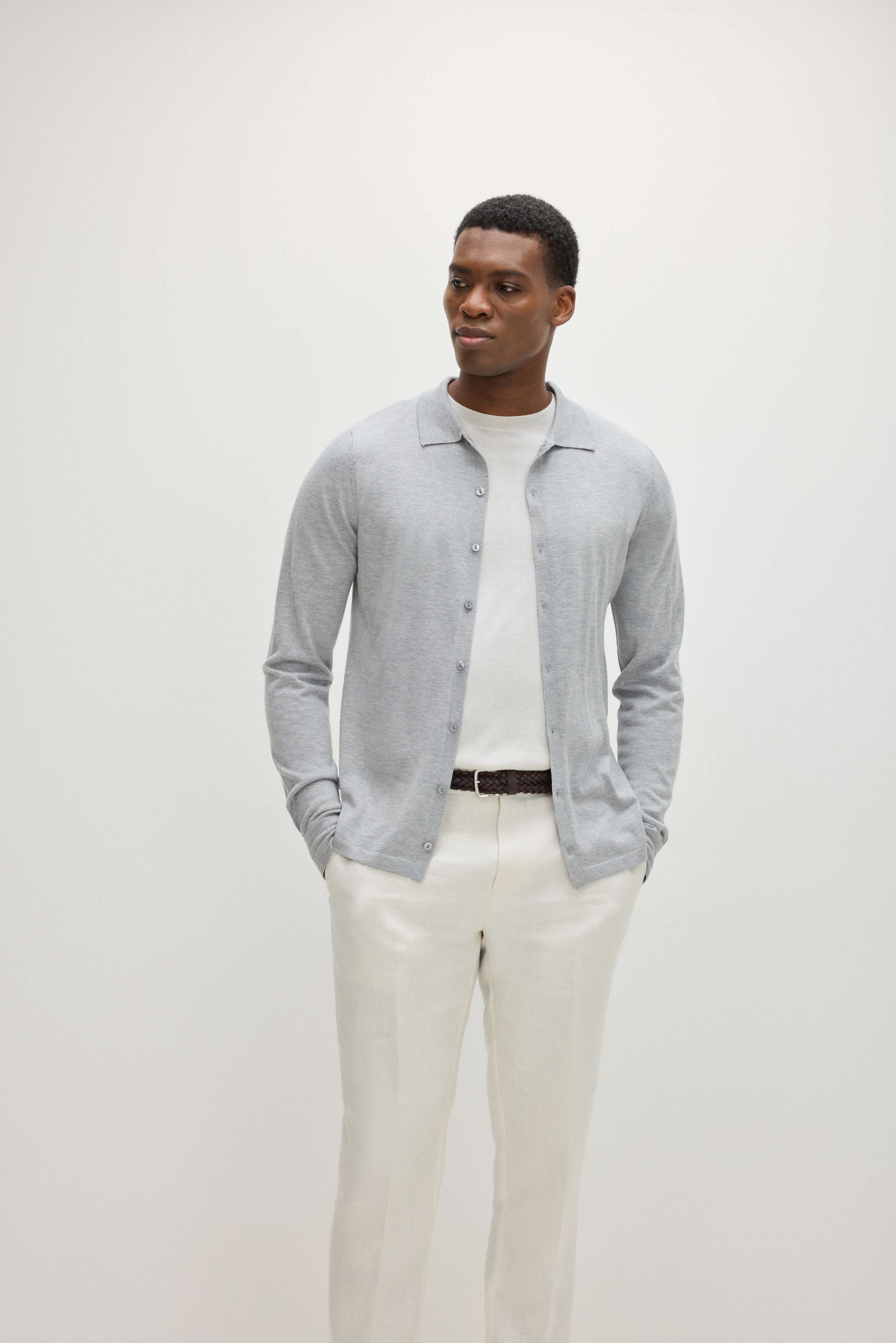 トップス Ntrul CLASSIC KNIT SHIRT GRAY Man Fine Knit Classic Shirt - Sweaters - Light Grey – Davida Cashmere