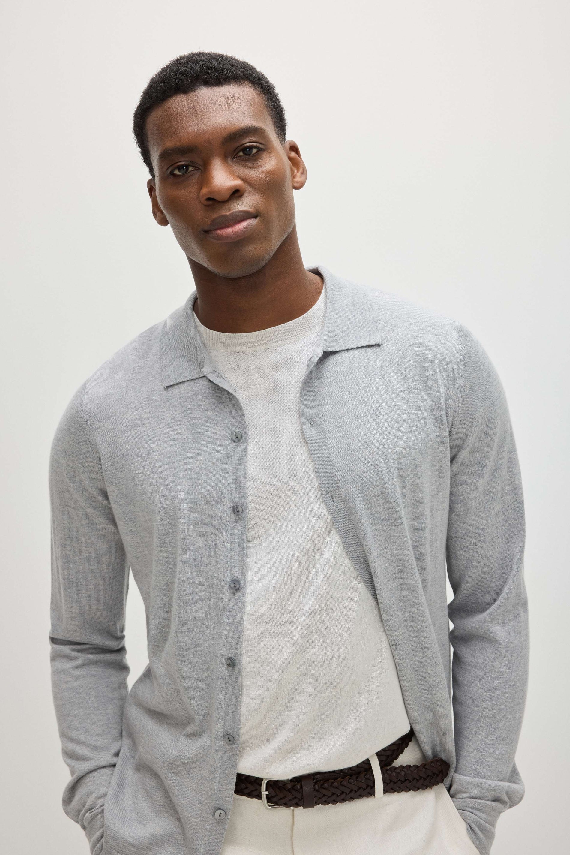 Davida Man Fine Knit Classic Shirt Sweaters Light Grey