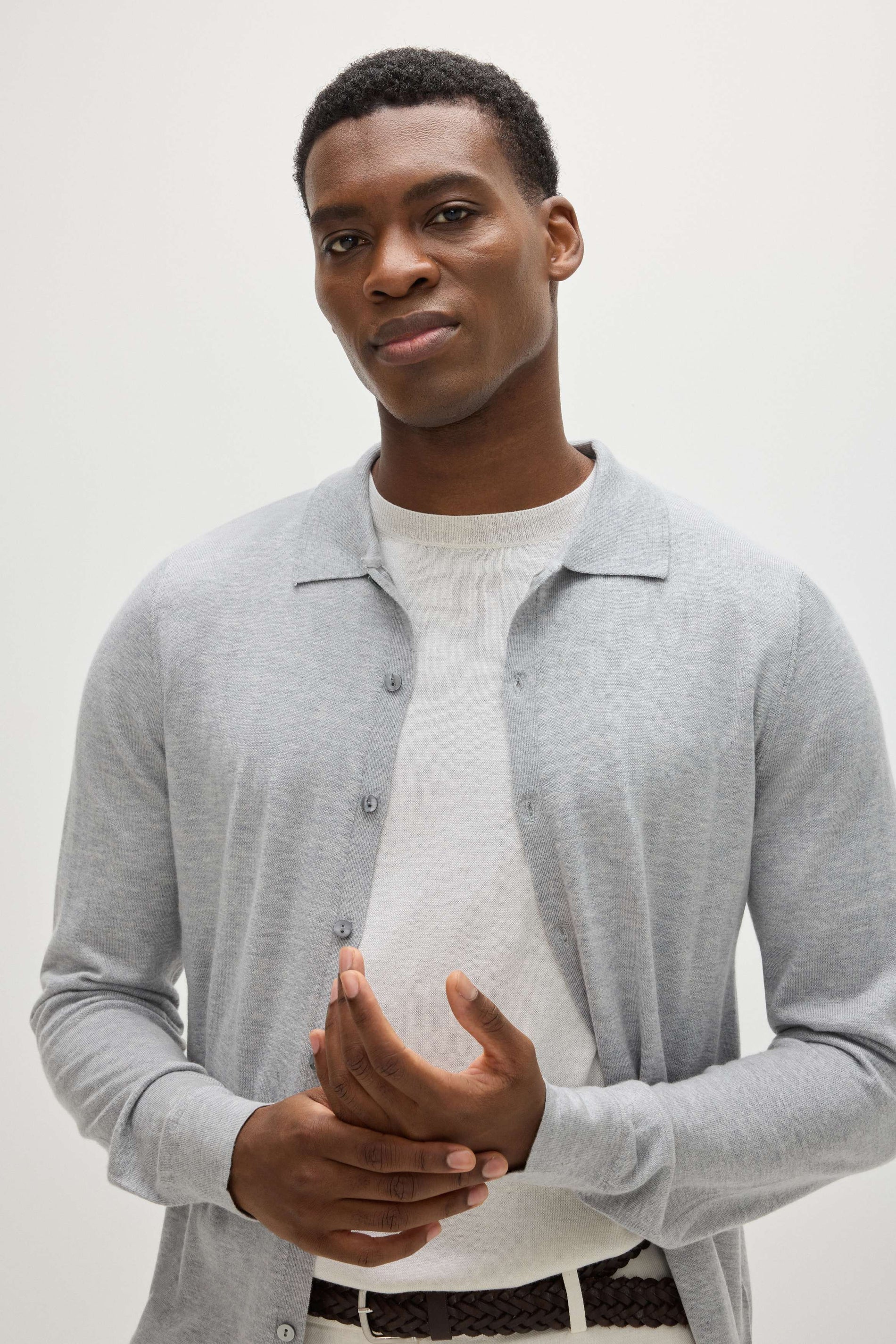 grey sweater white dress shirt Light Grey Biella S130s Merino V-Neck Sweater