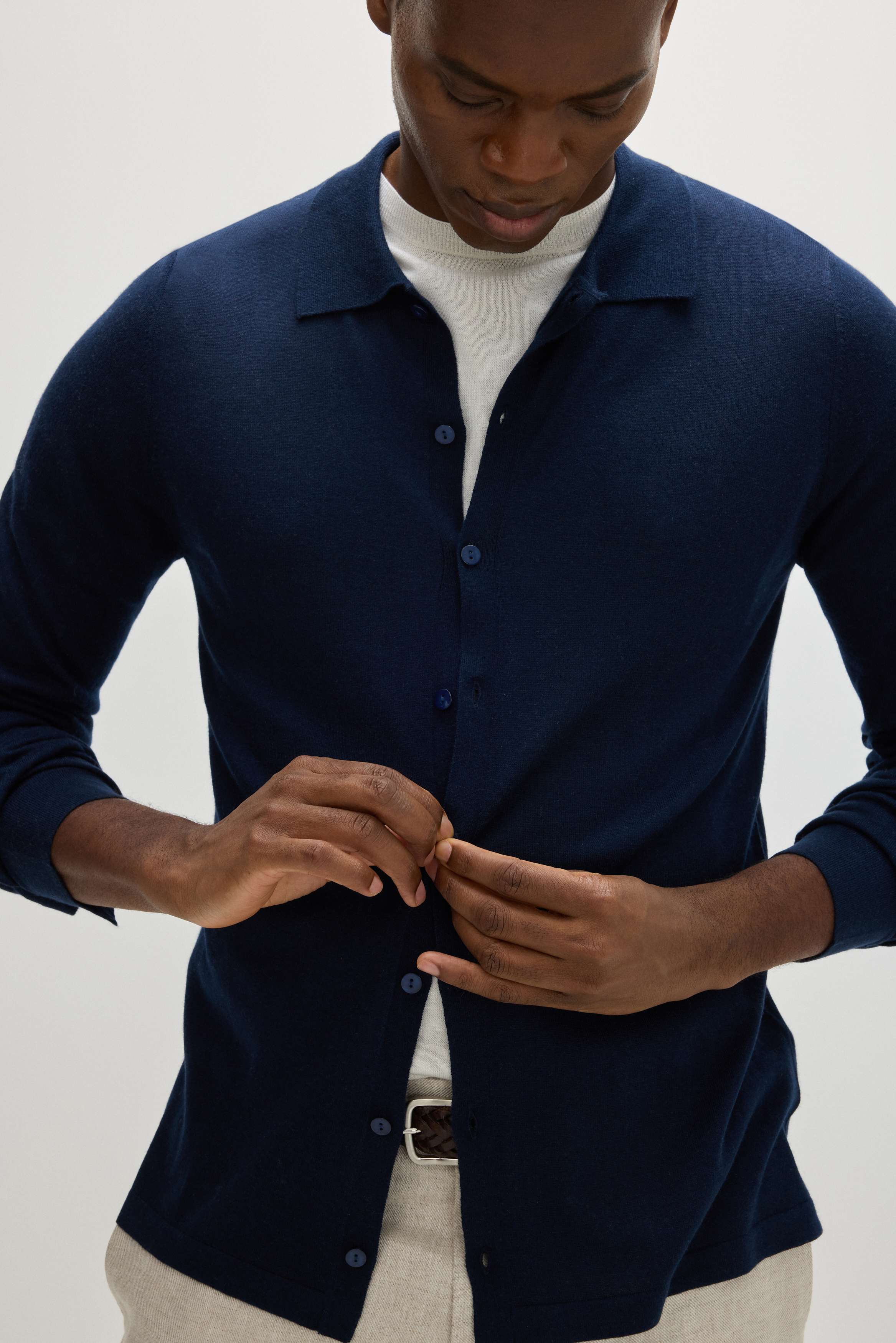 希少 ka na ta classic shirts / Wool Navy Man Fine Knit Classic Shirt - Sweaters - Navy – Davida Cashmere