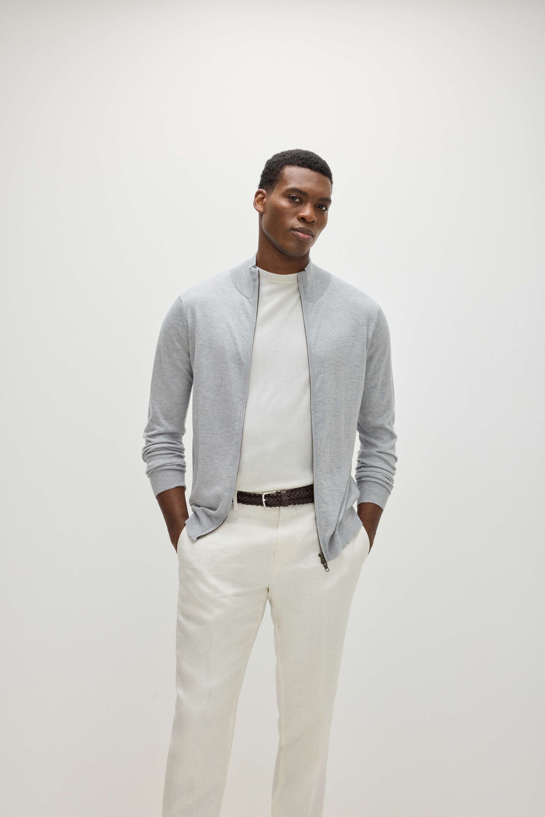 Davida Man Fine Knit Full Zip Sweaters Light Grey