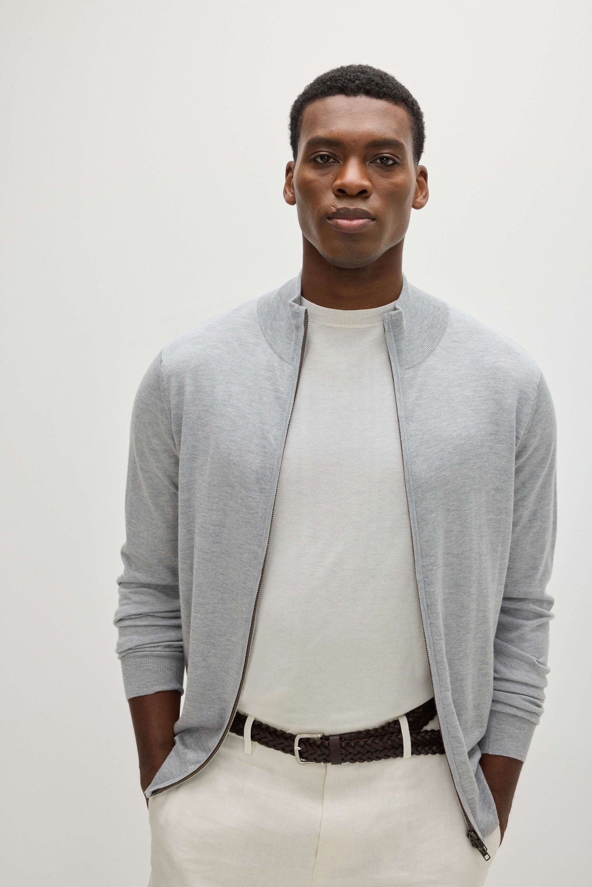 Davida Man Fine Knit Full Zip Sweaters Light Grey