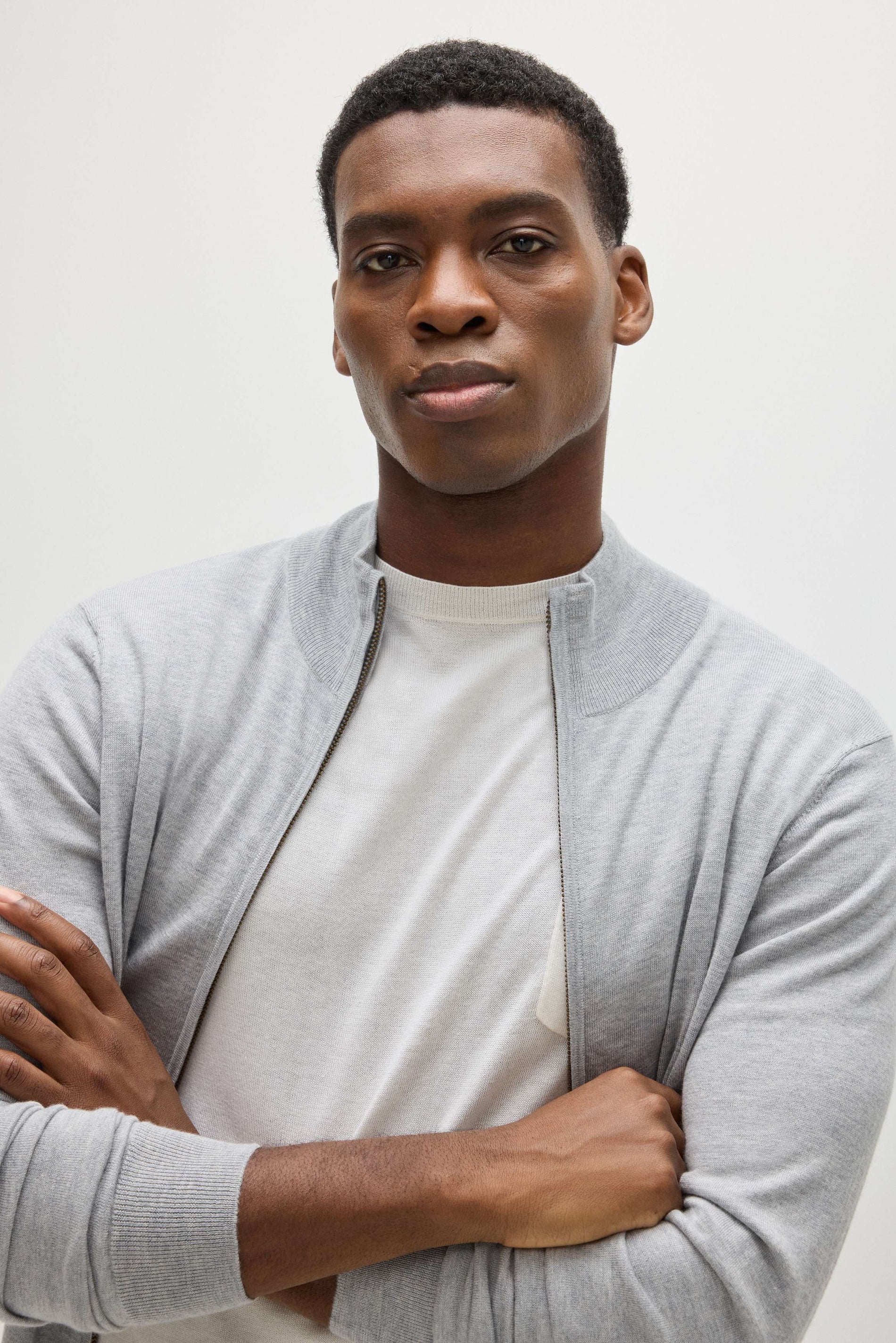 Davida Man Fine Knit Full Zip Sweaters Light Grey