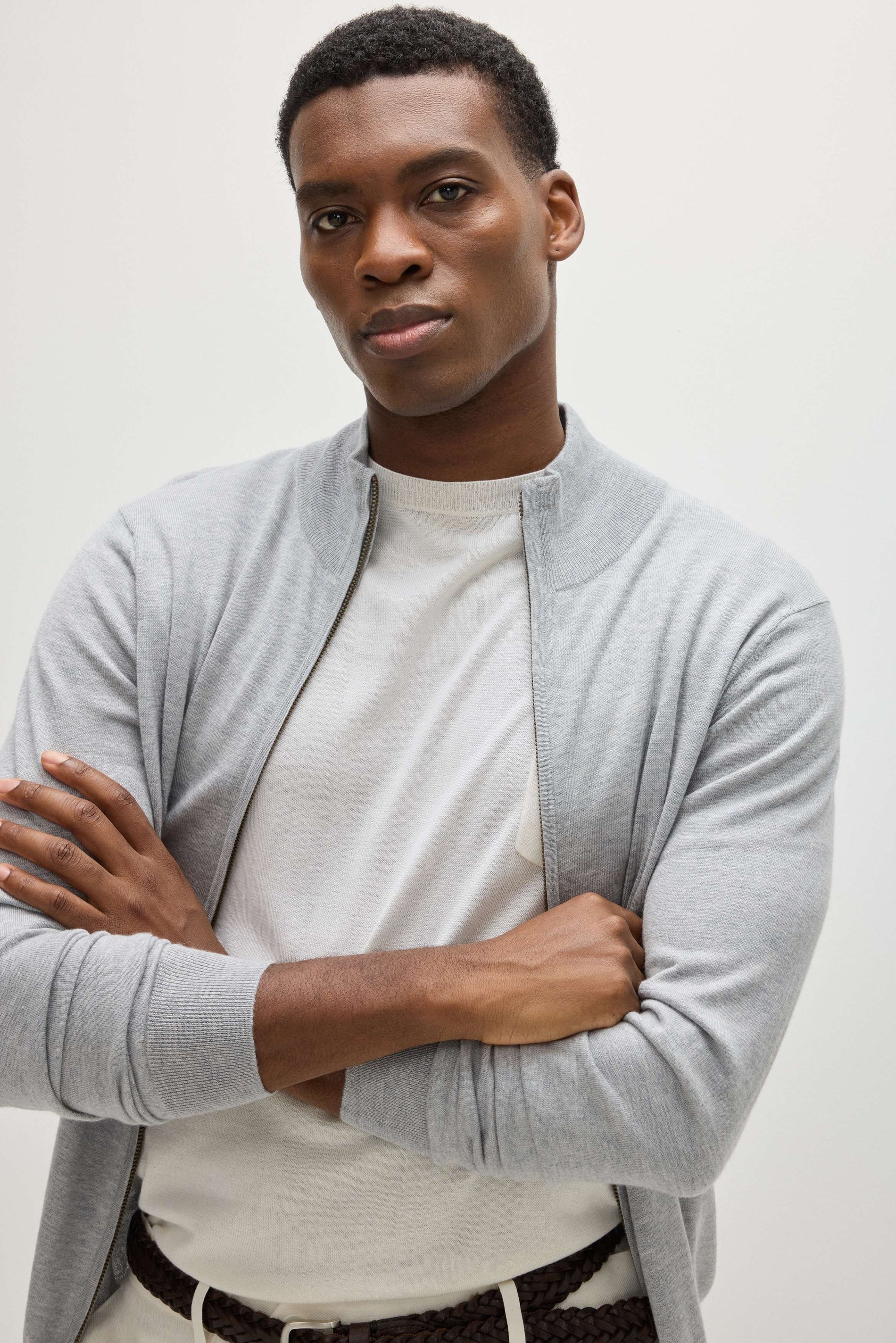 Davida Man Fine Knit Full Zip Sweaters Light Grey