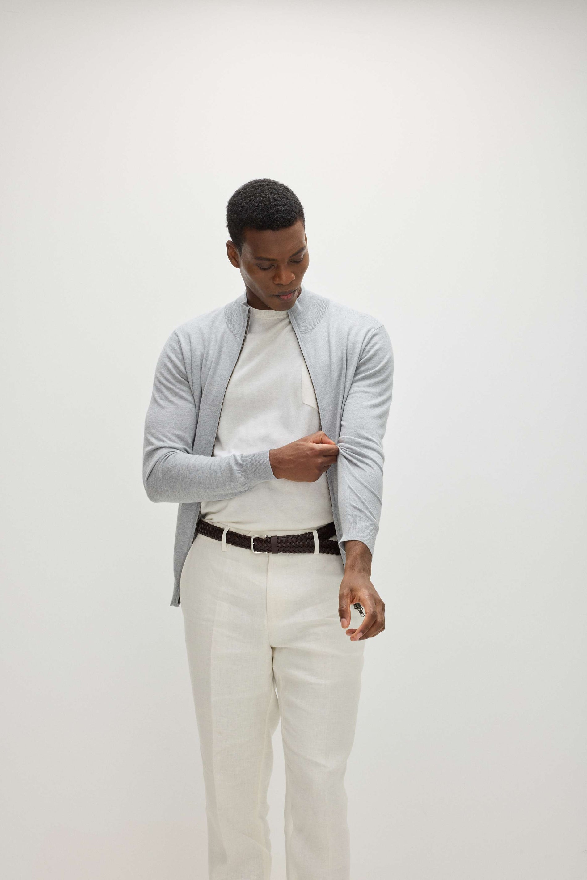 Davida Man Fine Knit Full Zip Sweaters Light Grey