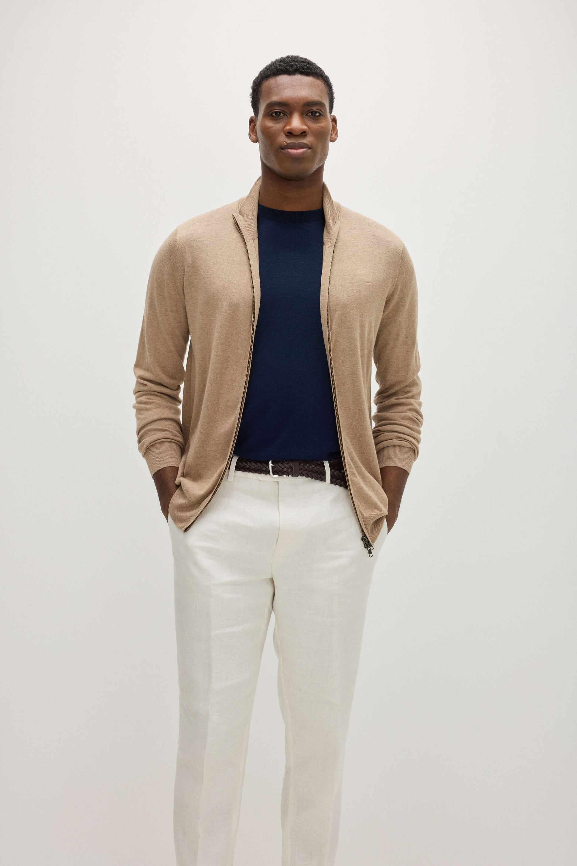 Davida Man Fine Knit Full Zip Sweaters Mink