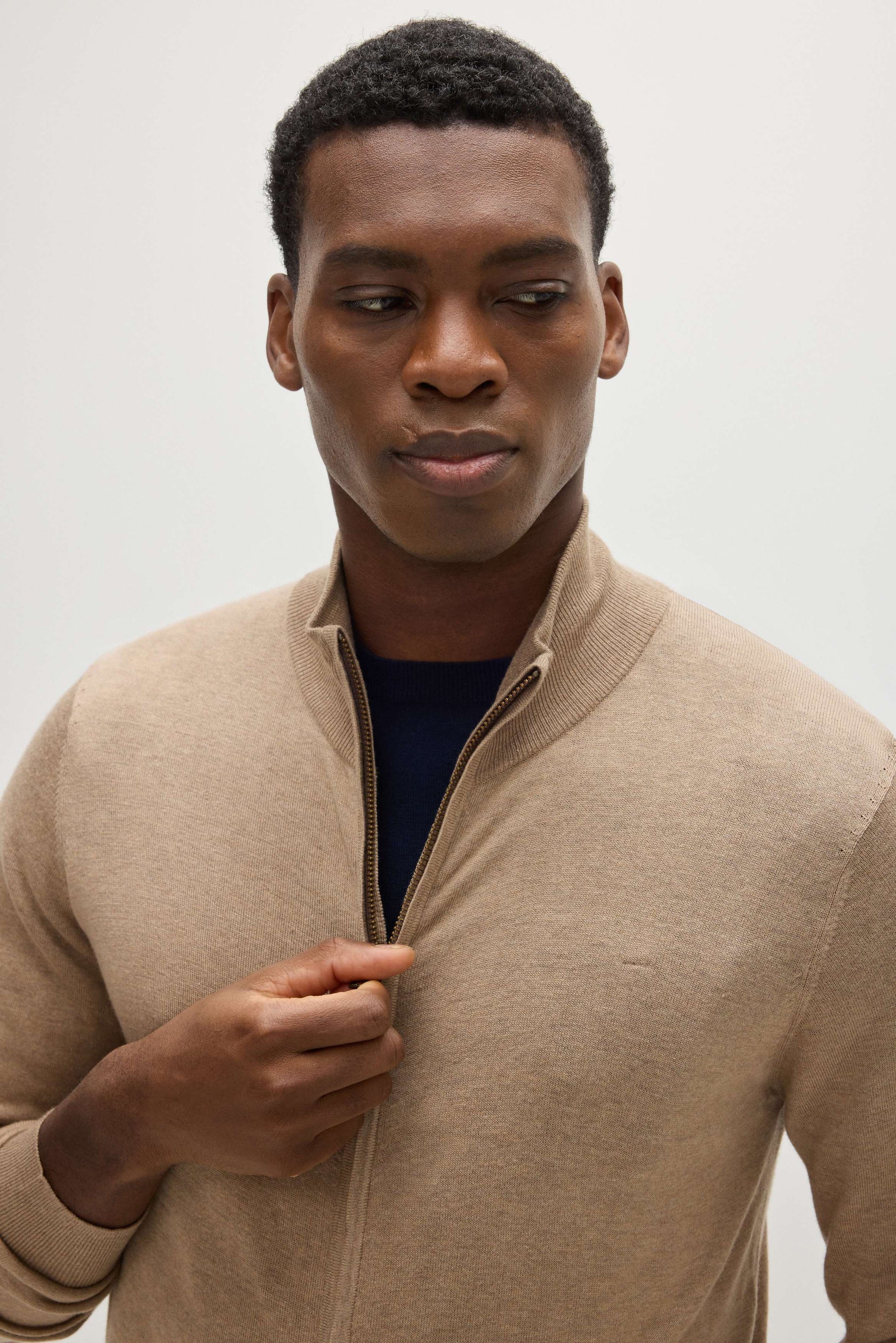 Davida Man Fine Knit Full Zip Sweaters Mink