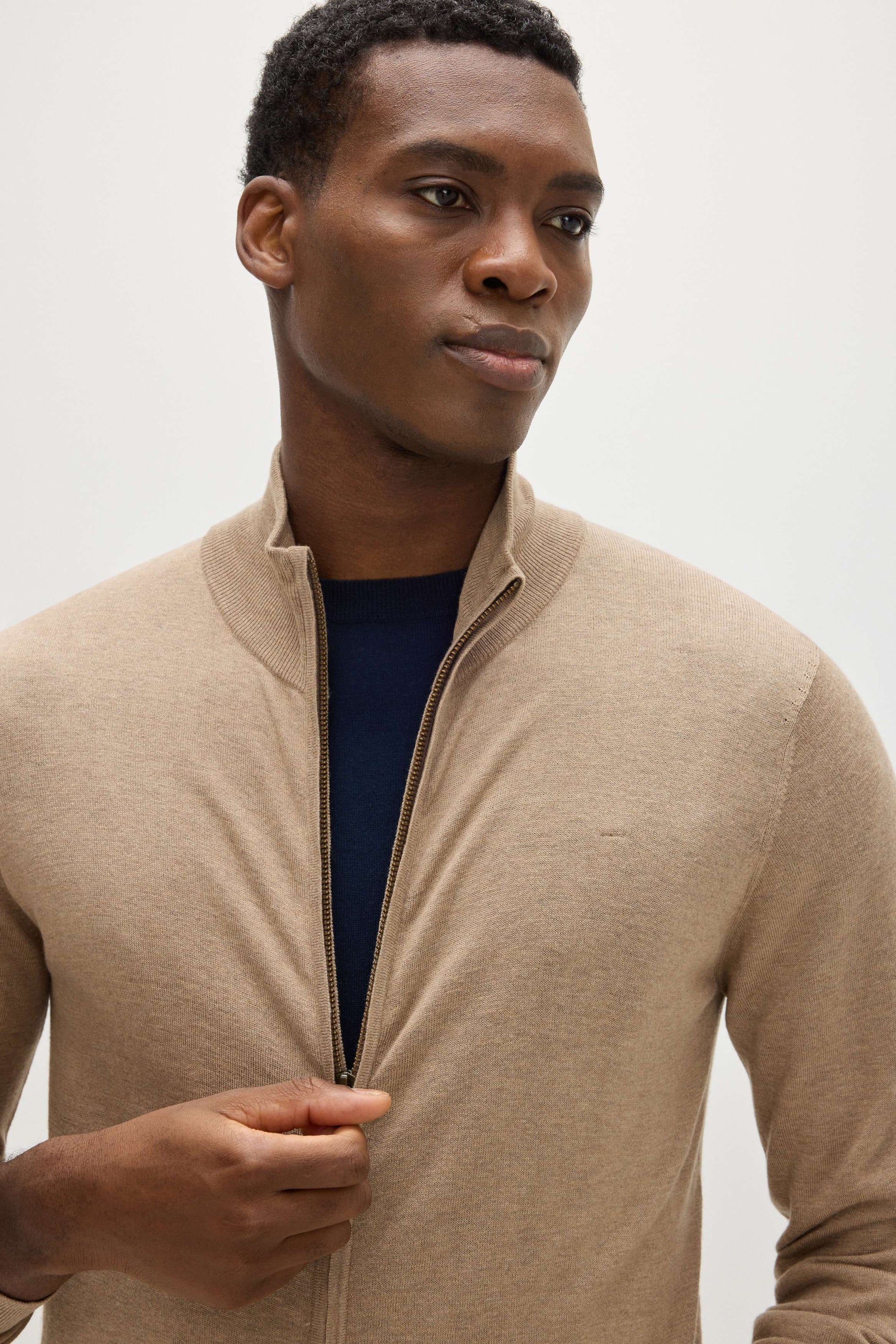 Davida Man Fine Knit Full Zip Sweaters Mink