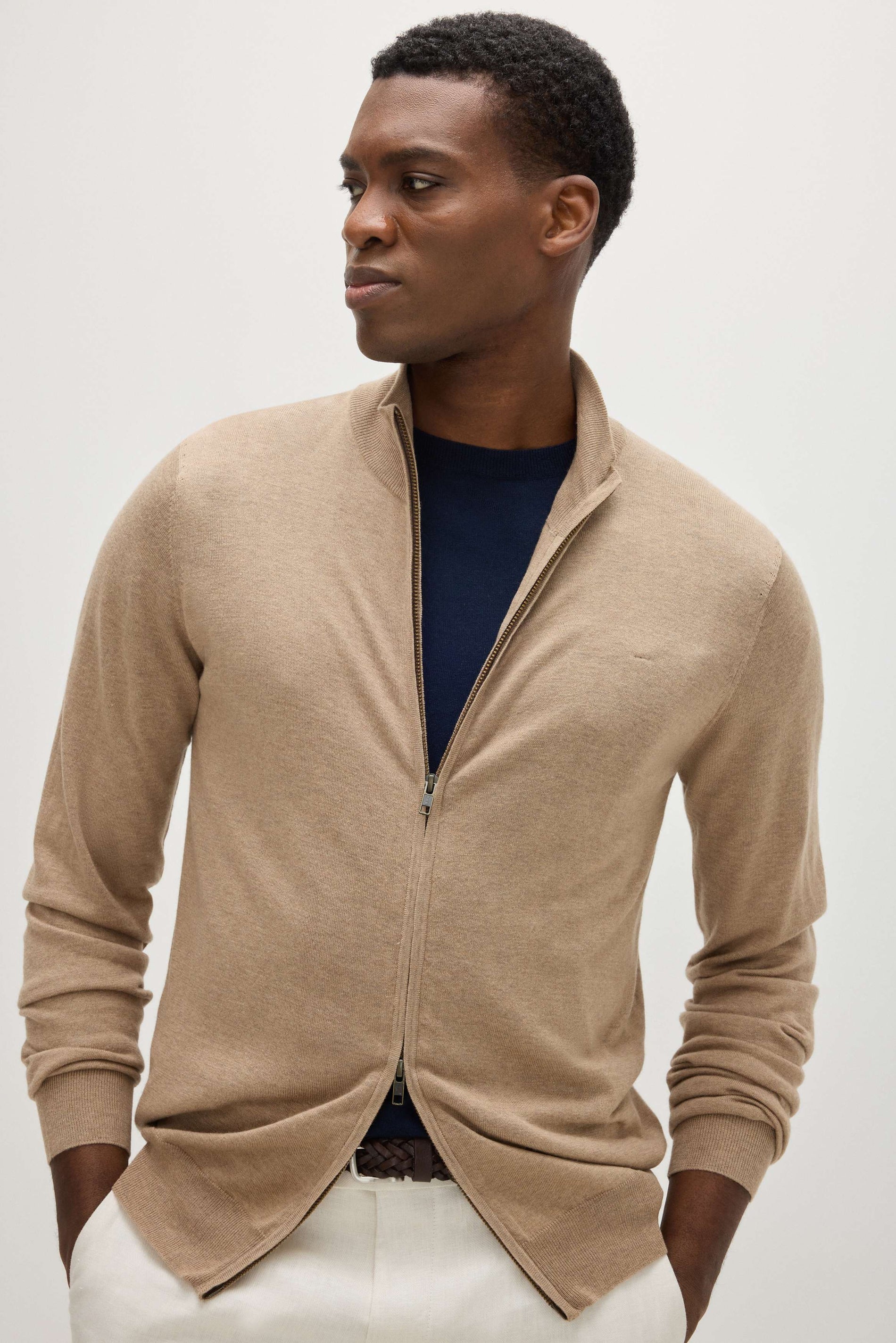 Davida Man Fine Knit Full Zip Sweaters Mink