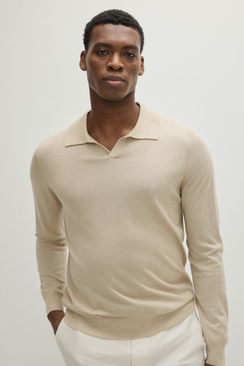 Davida Man Fine Knit Open Collar Sweater Sweaters Light Beige