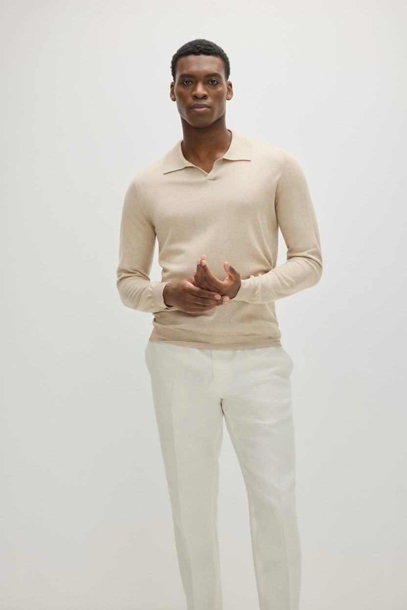 Davida Man Fine Knit Open Collar Sweater Sweaters Light Beige