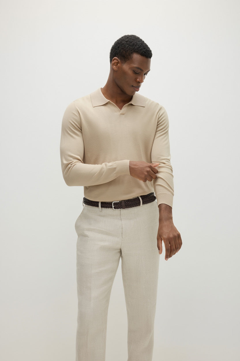 Davida Man Fine Knit Open Collar Sweater Sweaters Light Beige