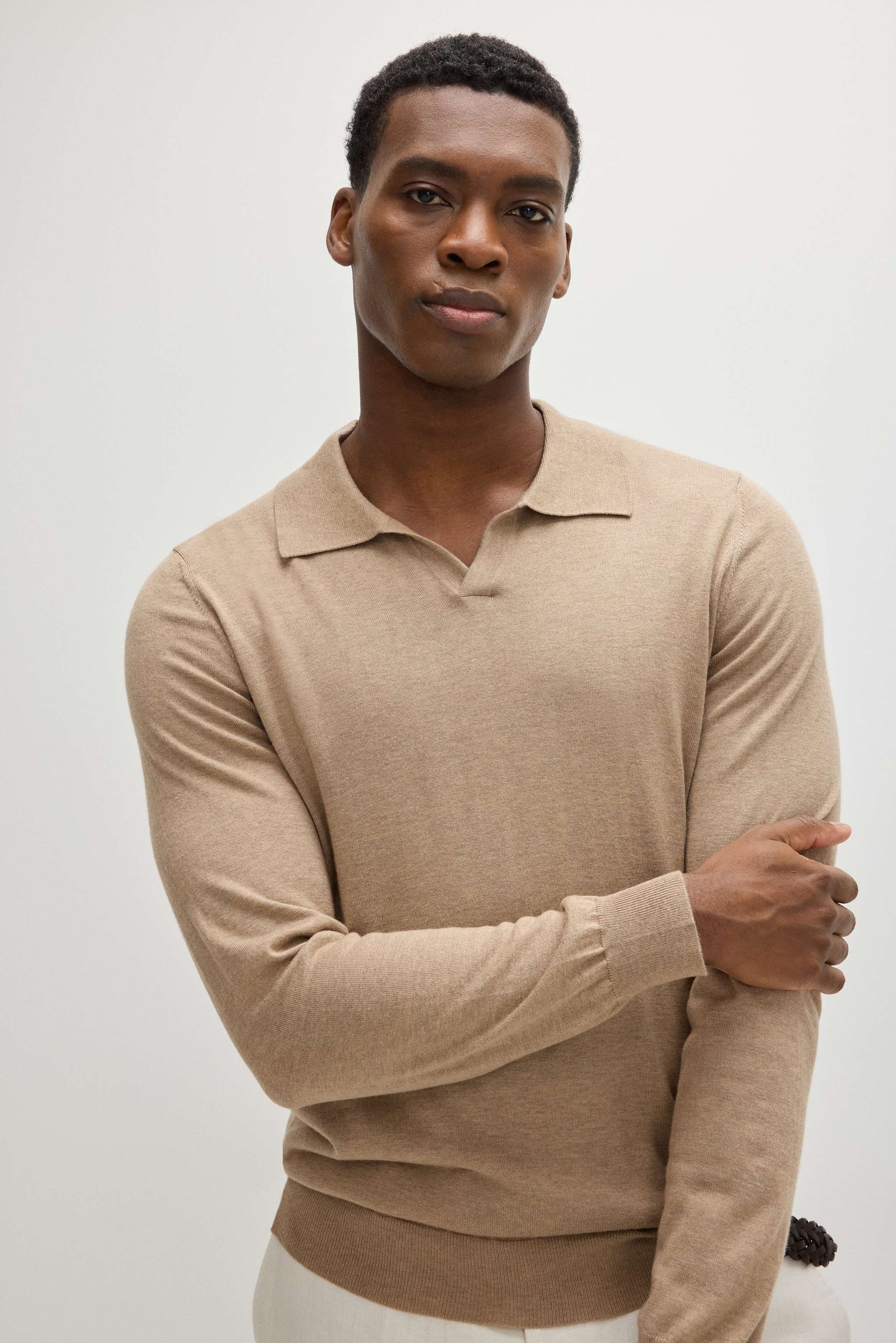 Davida Man Fine Knit Open Collar Sweater Sweaters Mink