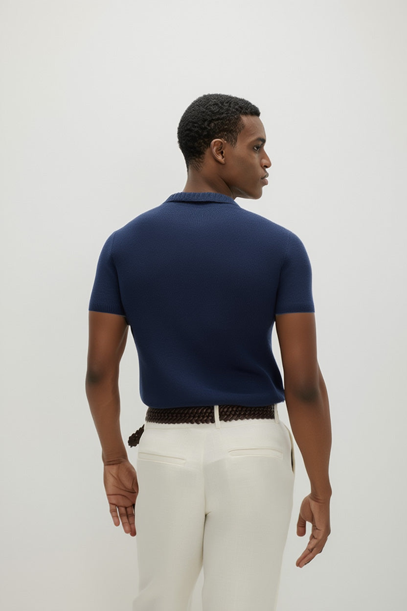 Davida Man Fine Knit Open Collar T-shirt Sweaters Navy