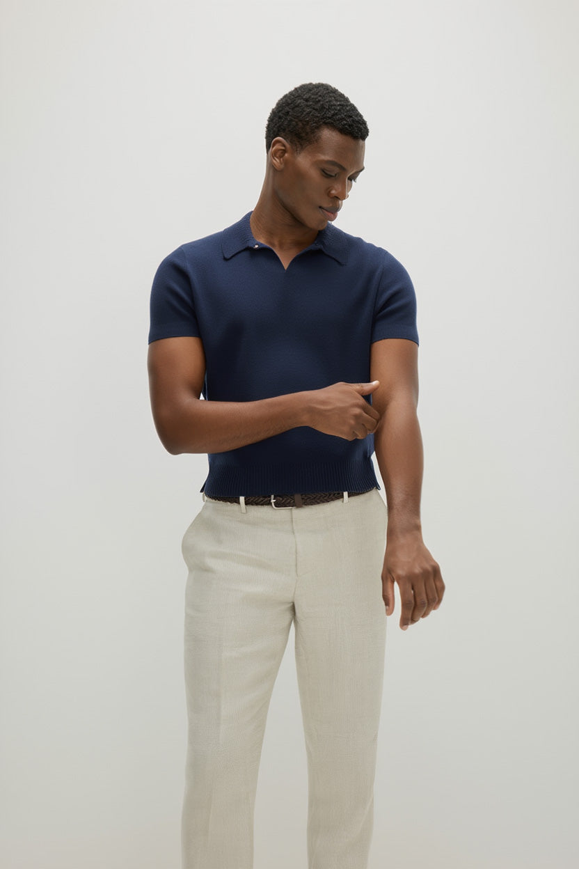 Davida Man Fine Knit Open Collar T-shirt Sweaters Navy