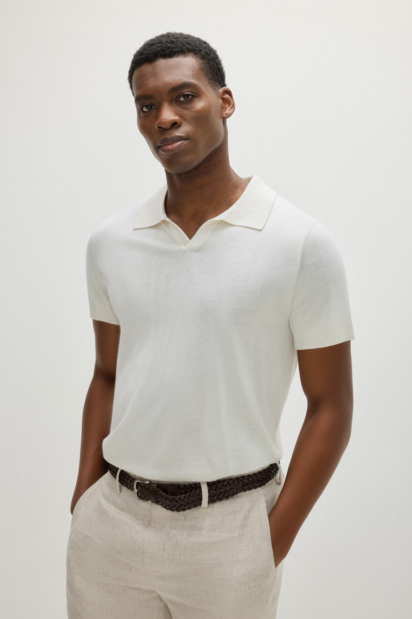 Davida Man Fine Knit Open Collar T-shirt Sweaters White