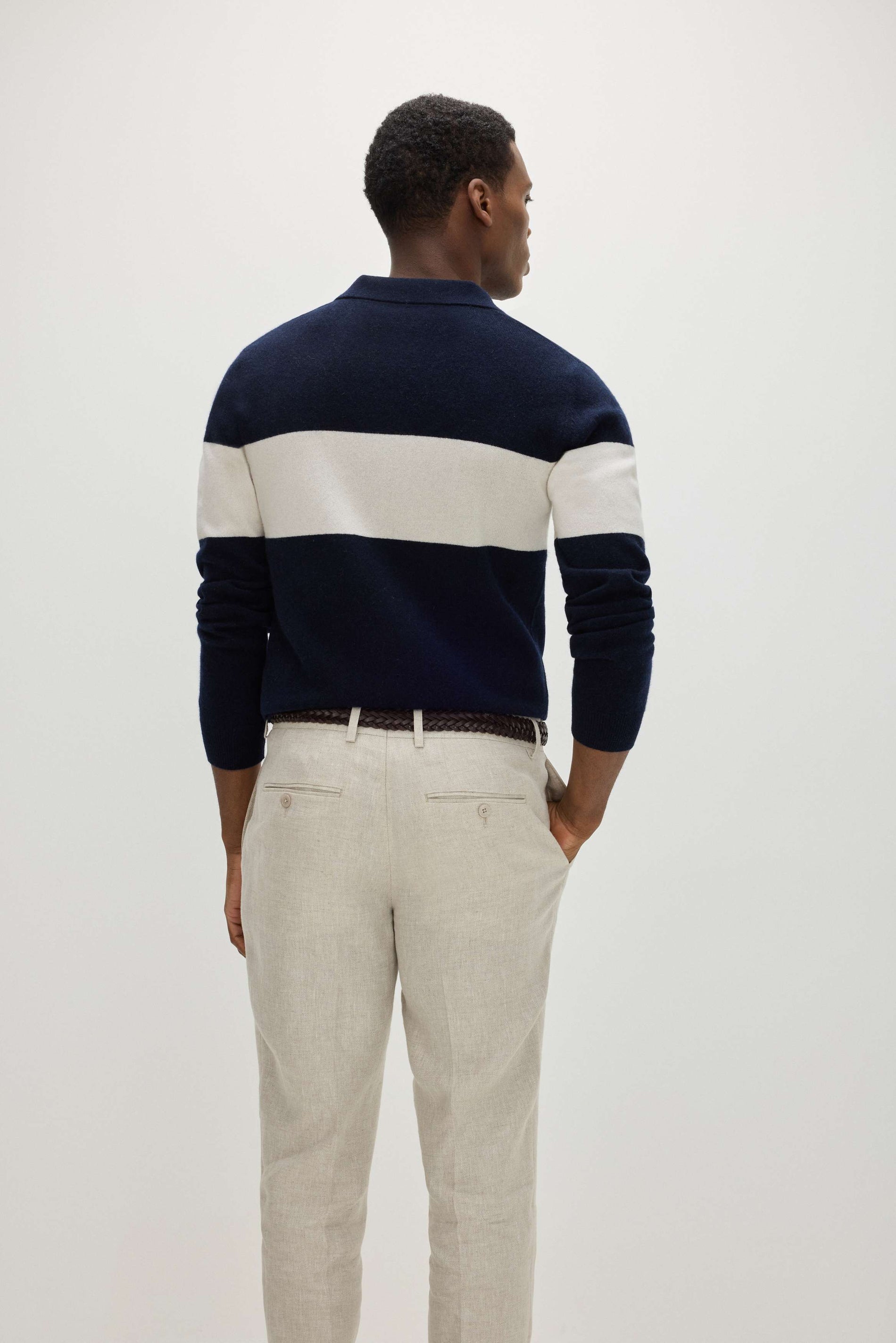Davida Man Open Collar One Stripe Sweaters Navy/White