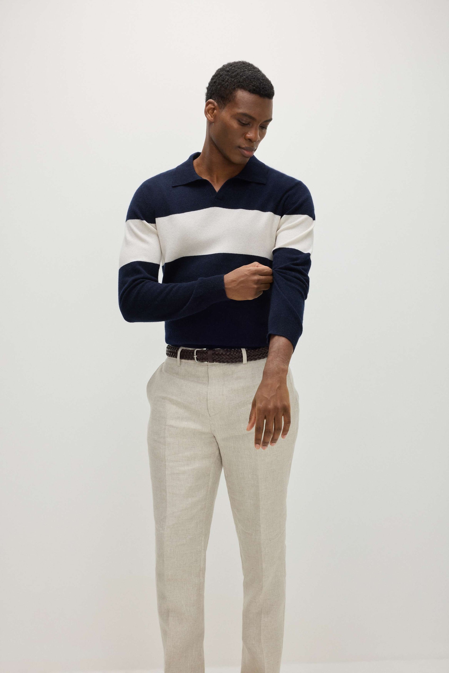 Davida Man Open Collar One Stripe Sweaters Navy/White